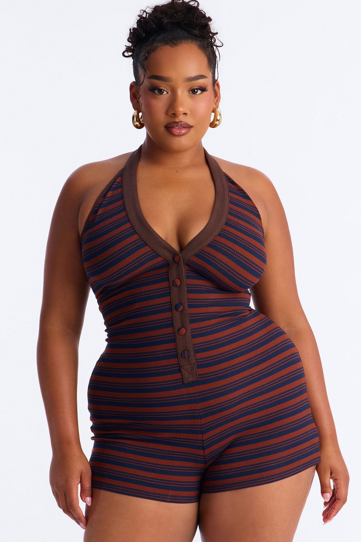 Macee Striped Halter Romper - Brown