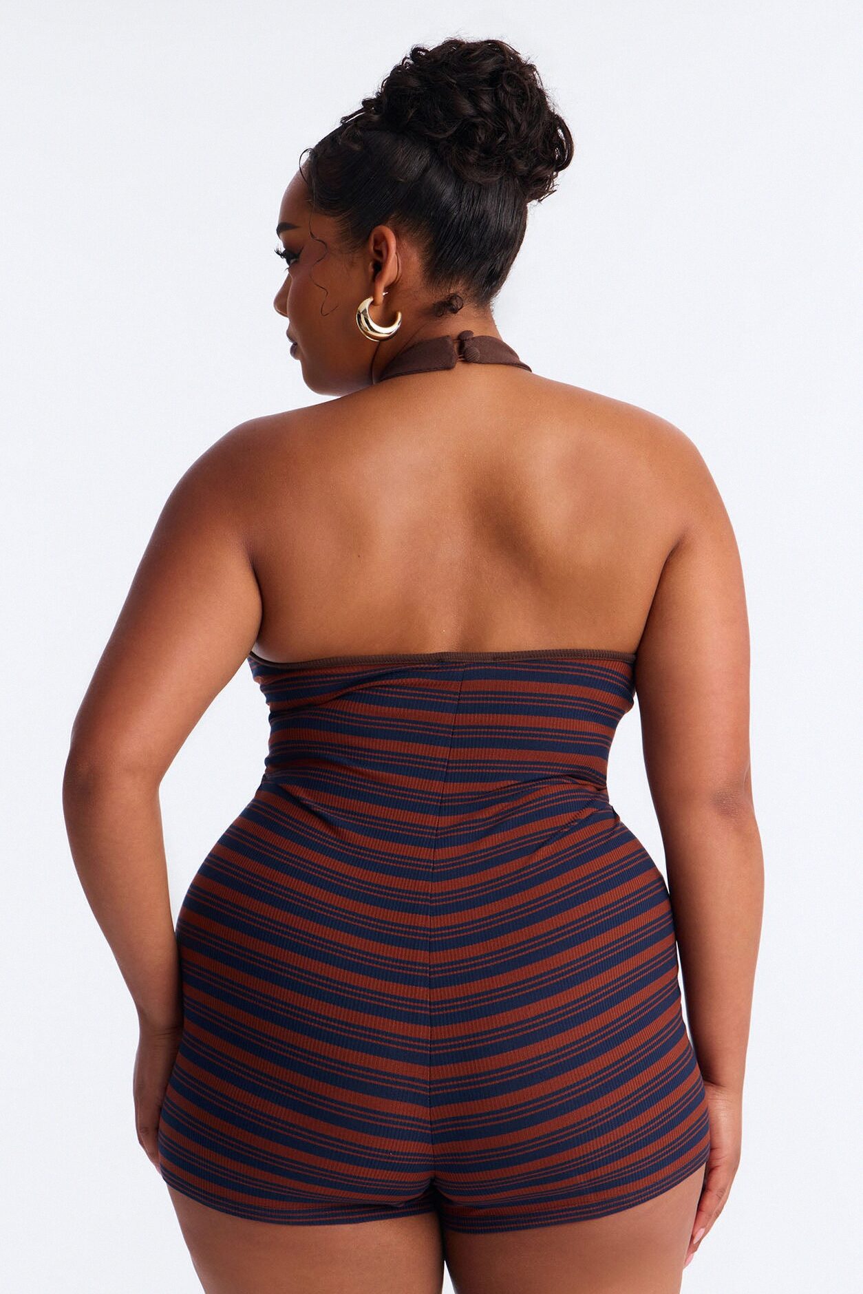Macee Striped Halter Romper - Brown