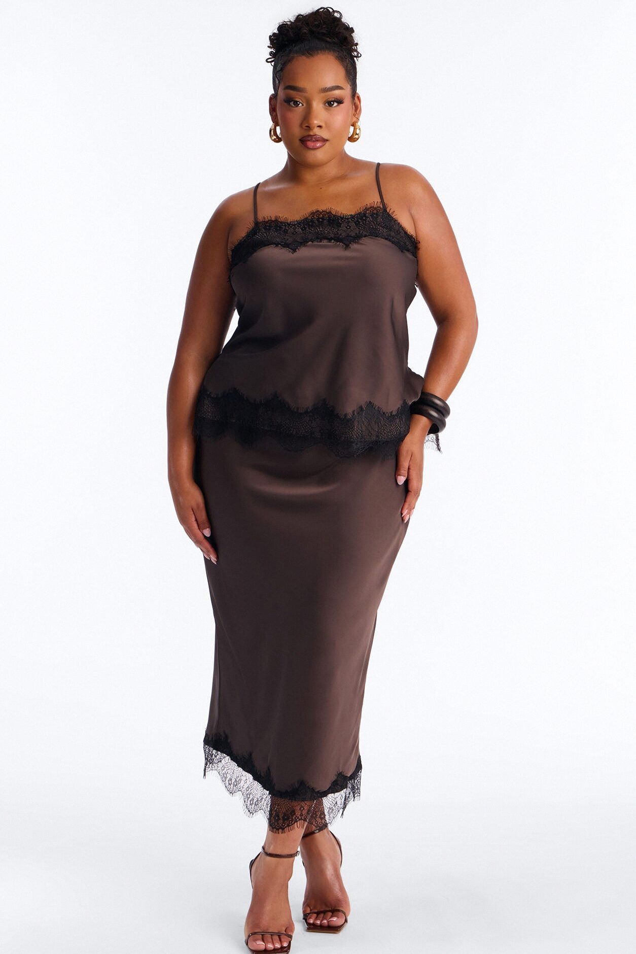 Late Night Kiss Satin Midi Skirt Set - Brown