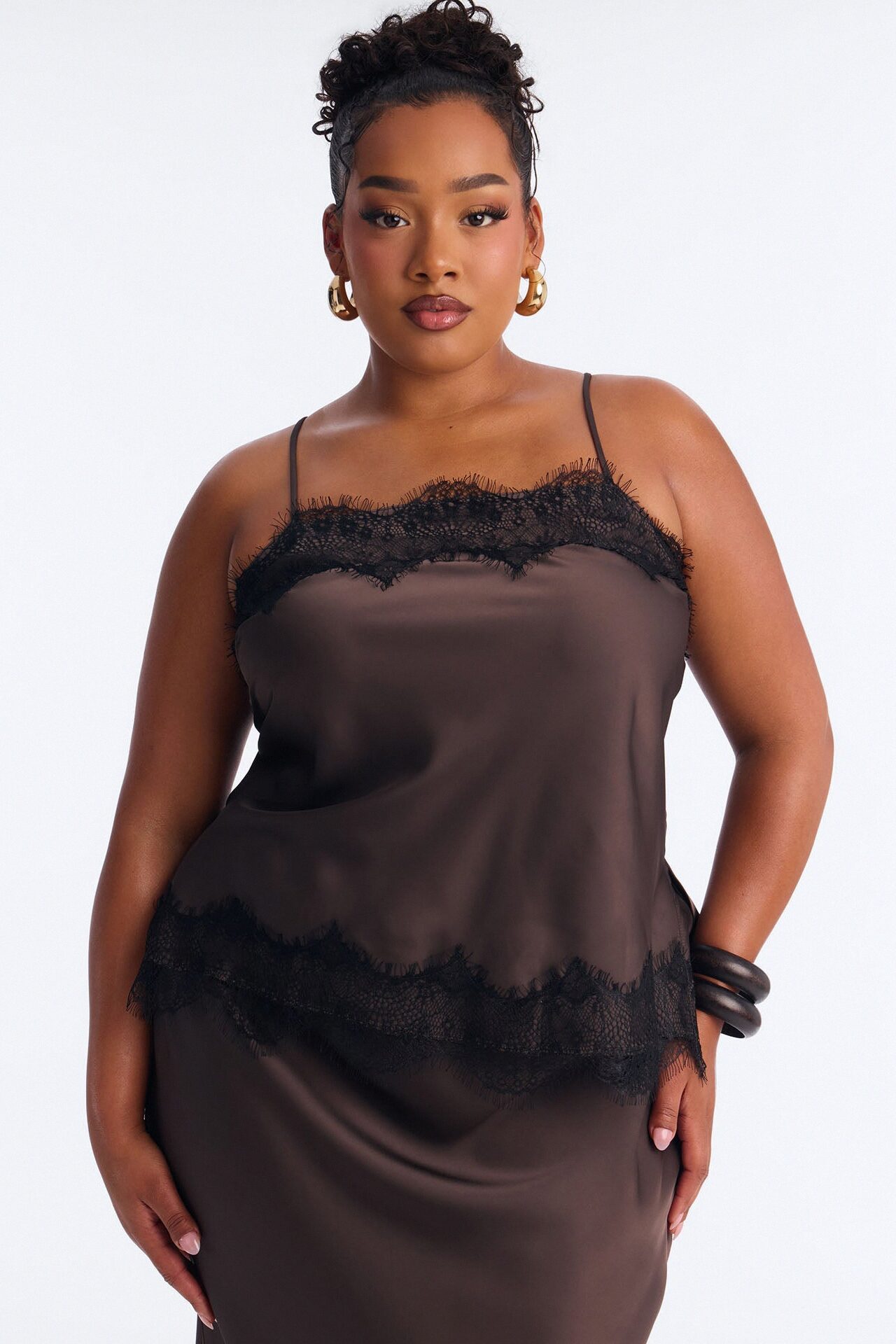 Late Night Kiss Satin Midi Skirt Set - Brown
