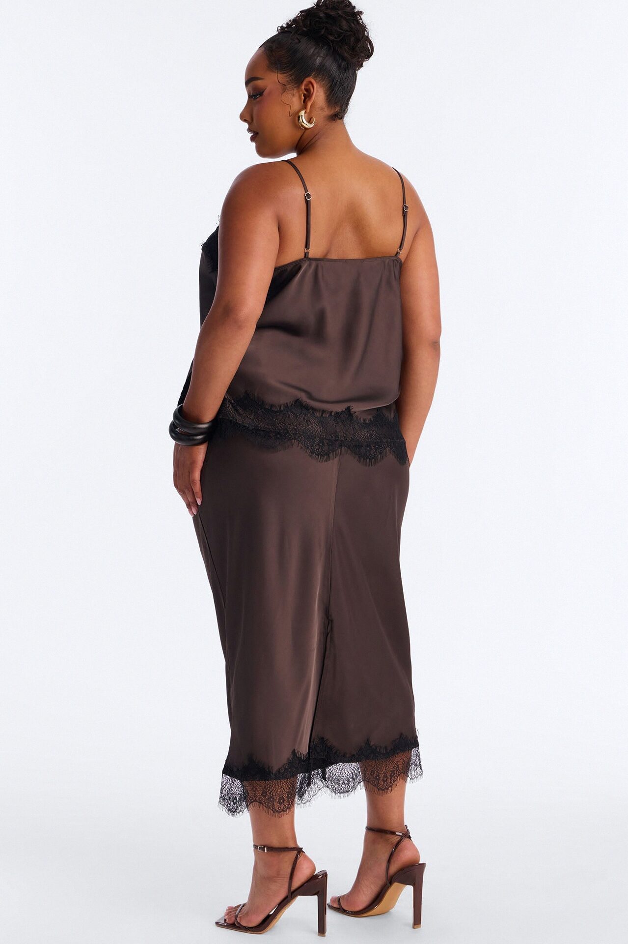 Late Night Kiss Satin Midi Skirt Set - Brown
