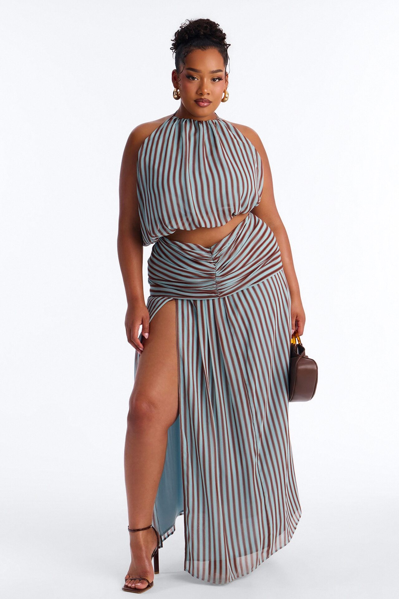 Marina Halter Striped Skirt Set - Brown/combo