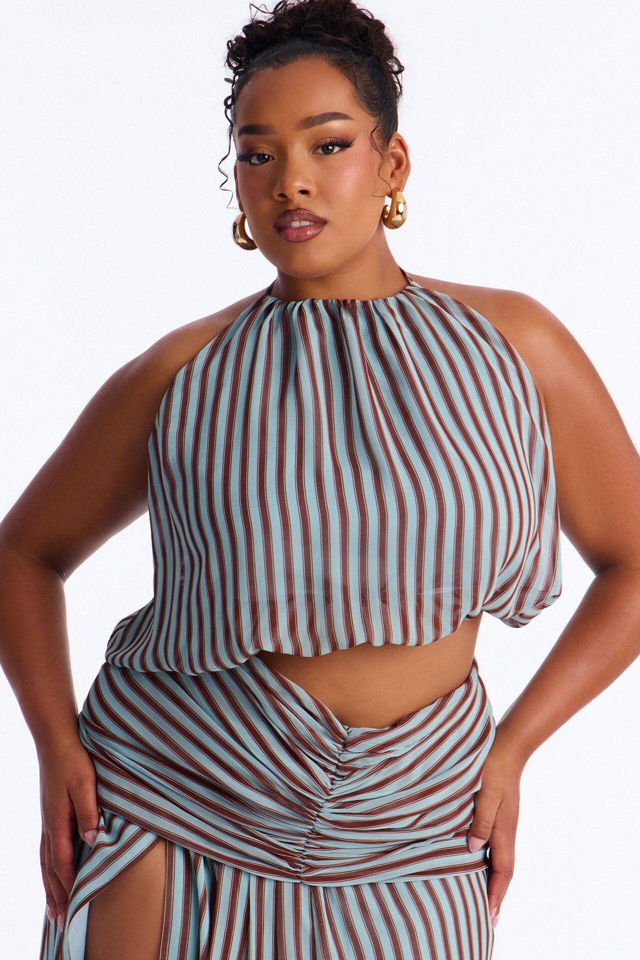 Marina Halter Striped Skirt Set - Brown/combo