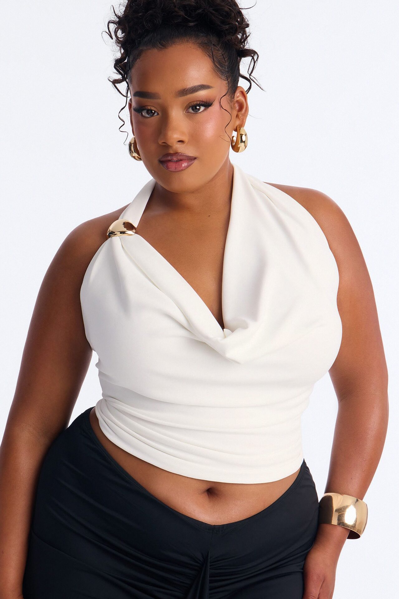 Celine Cowl Neck Hardware Halter Top - White