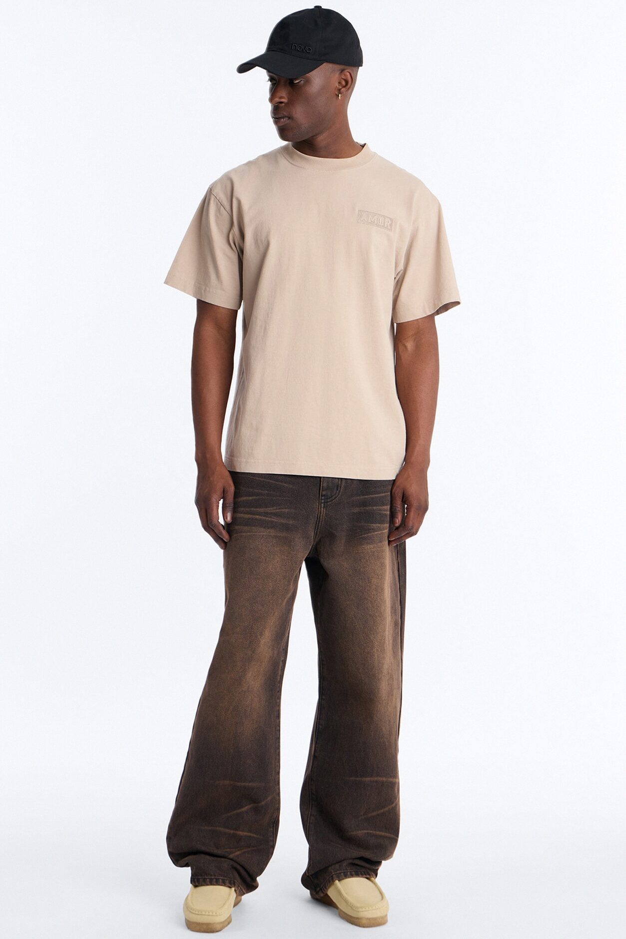 Amor Oversized Heavy Weight Embroidery Short Sleeve Tee - Tan
