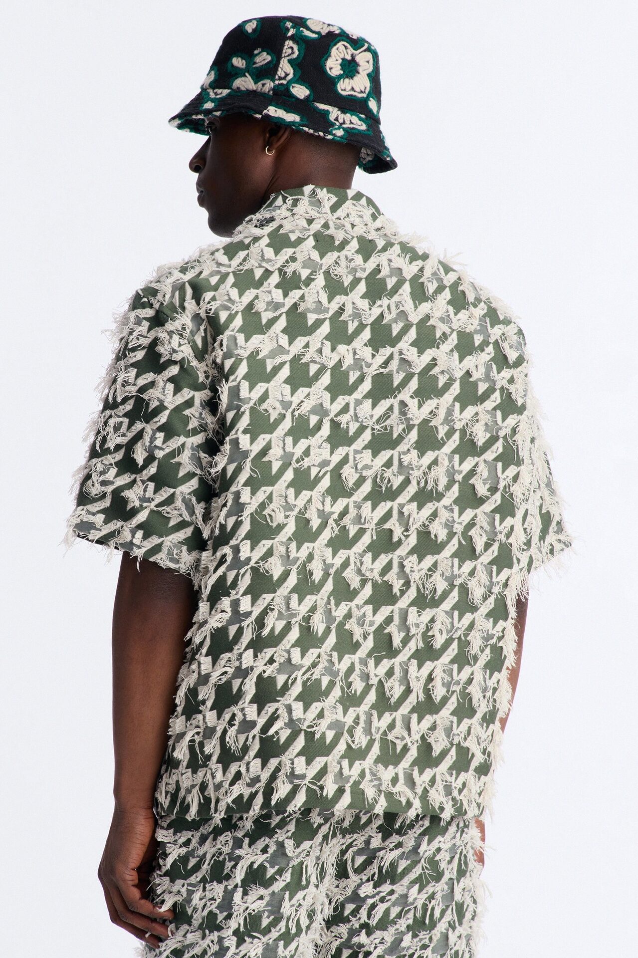 Relaxed Houndstooth Nomad Cuban Collar Button Up Shirt - Green