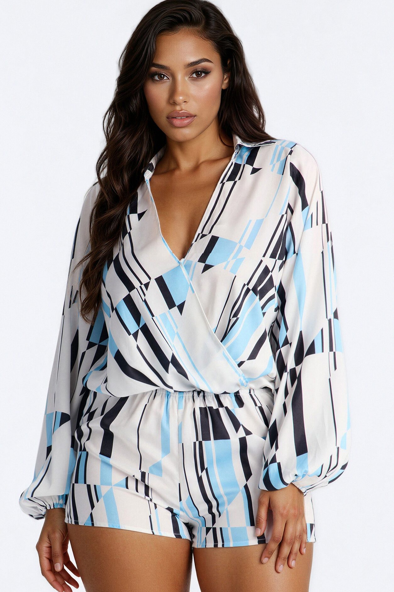 Samalia Satin Collar Neck Romper - Blue