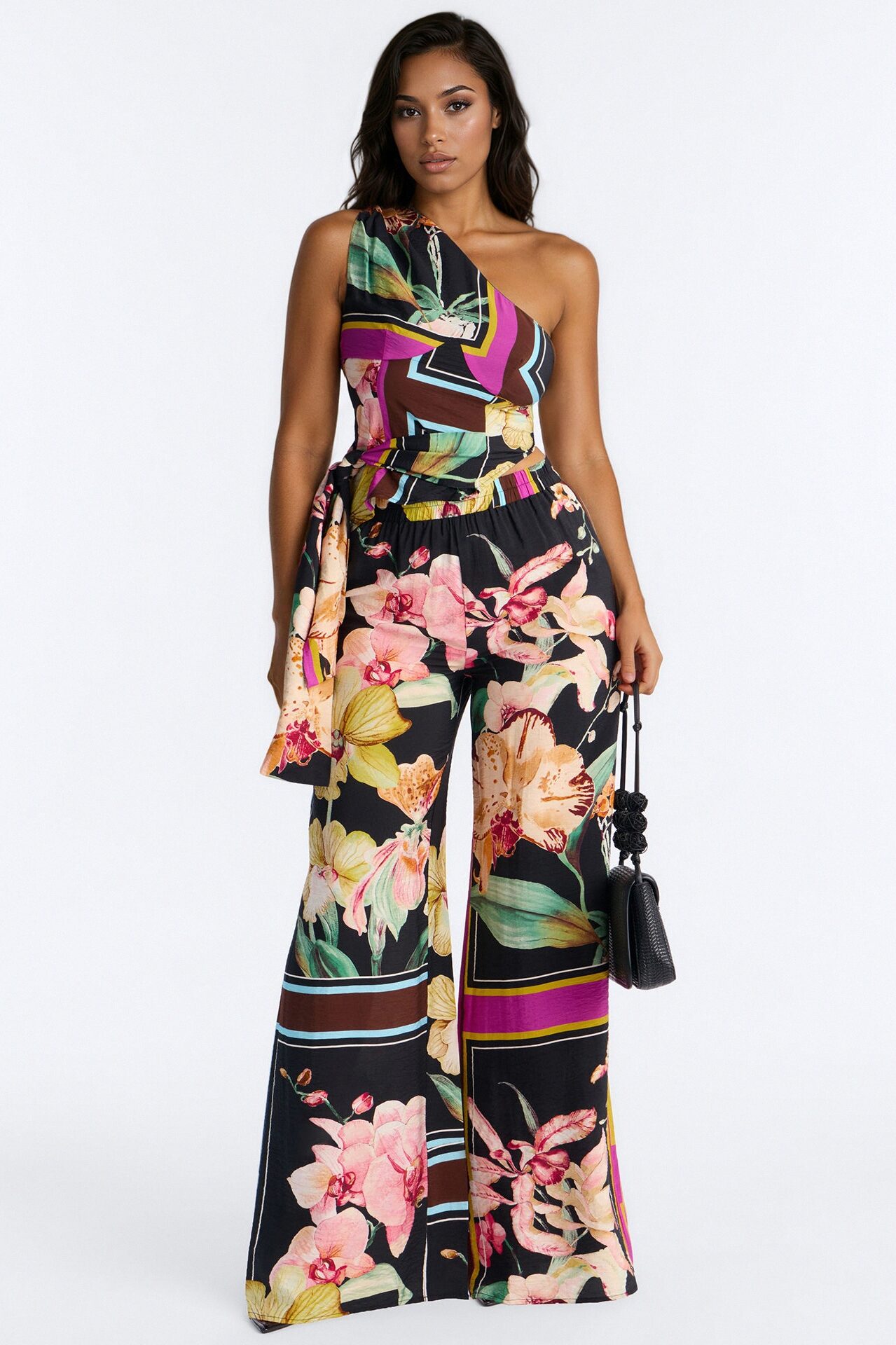 Elara One Shoulder Floral Airflow Pant Set - Multi Color
