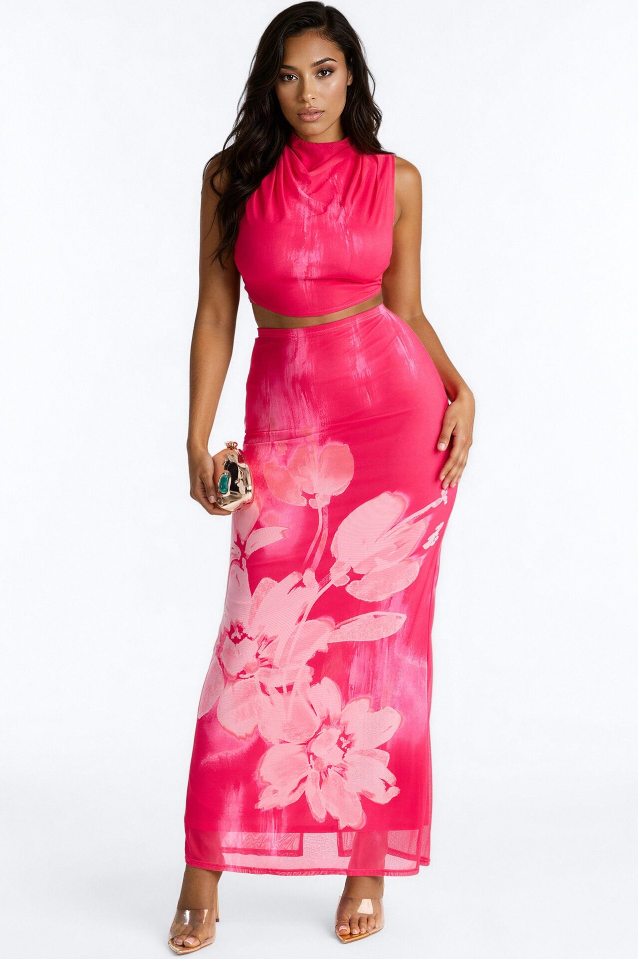 Bloom For You Mesh Skirt Set - Hot Pink