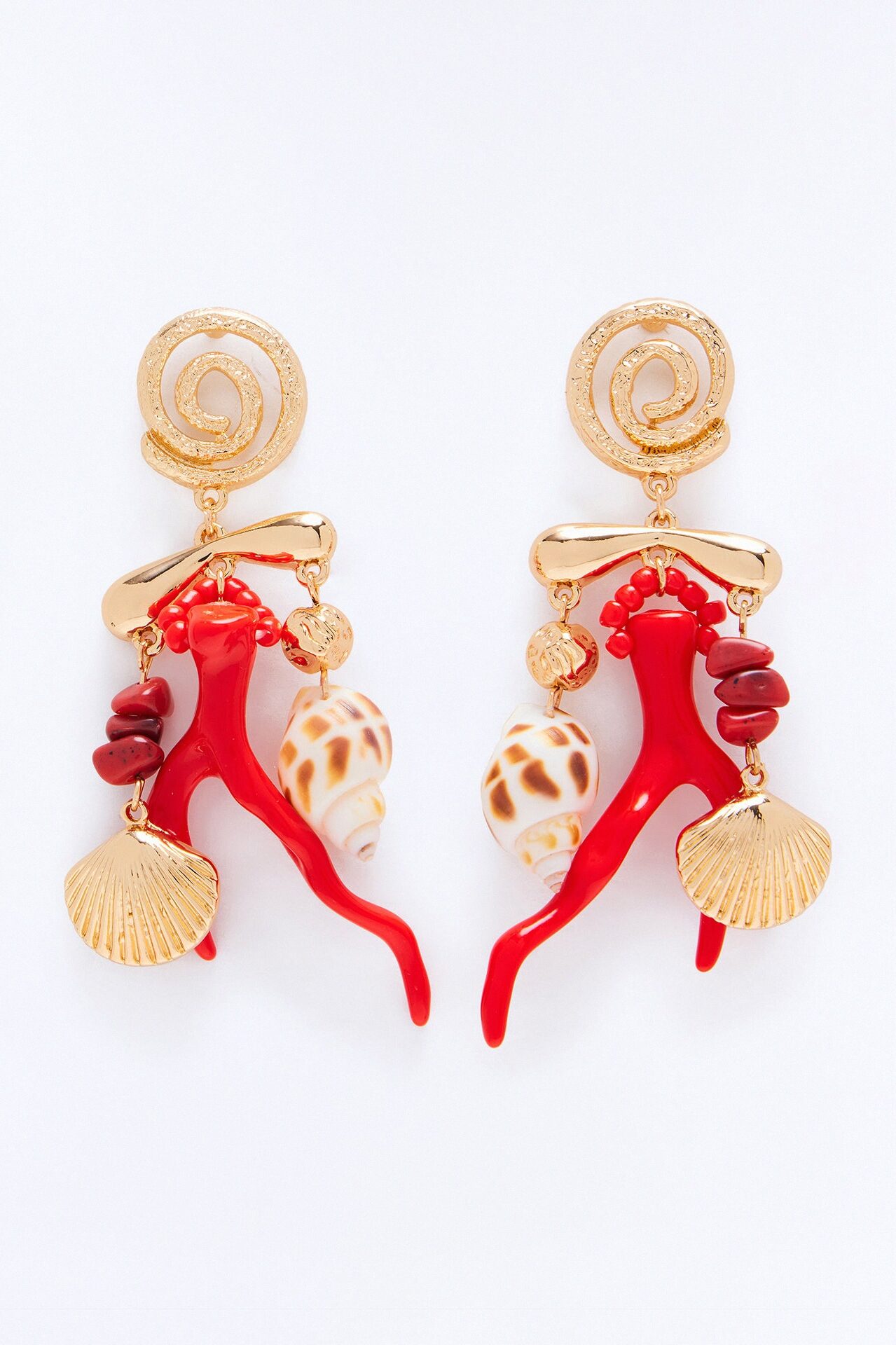 Coral Charm Drop Earrings - Gold/Red