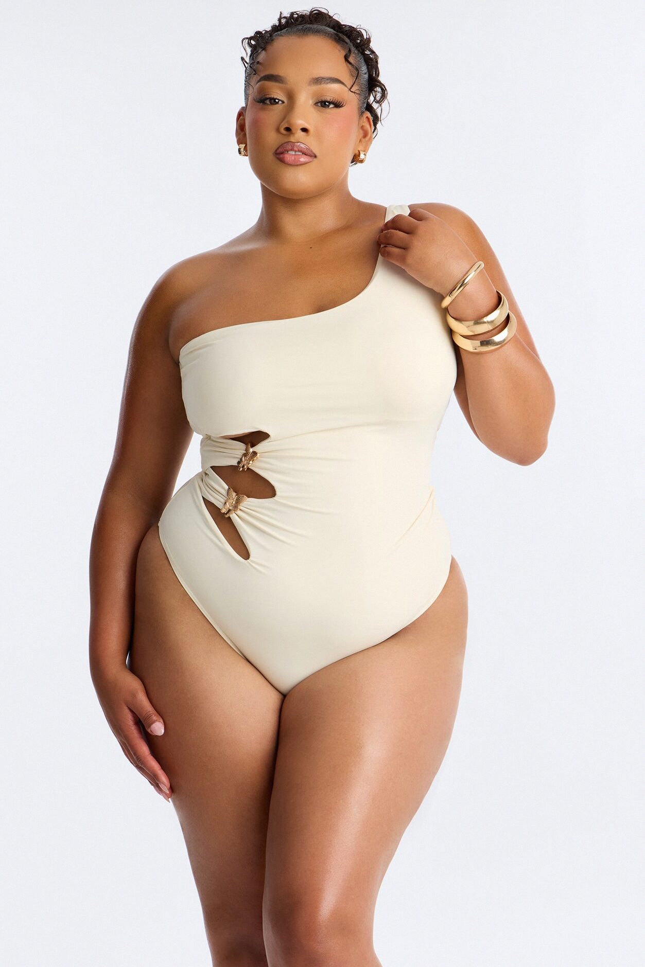 Sunset 1 Piece Butterfly Hardware One Shoulder Swimsuit - Ivory