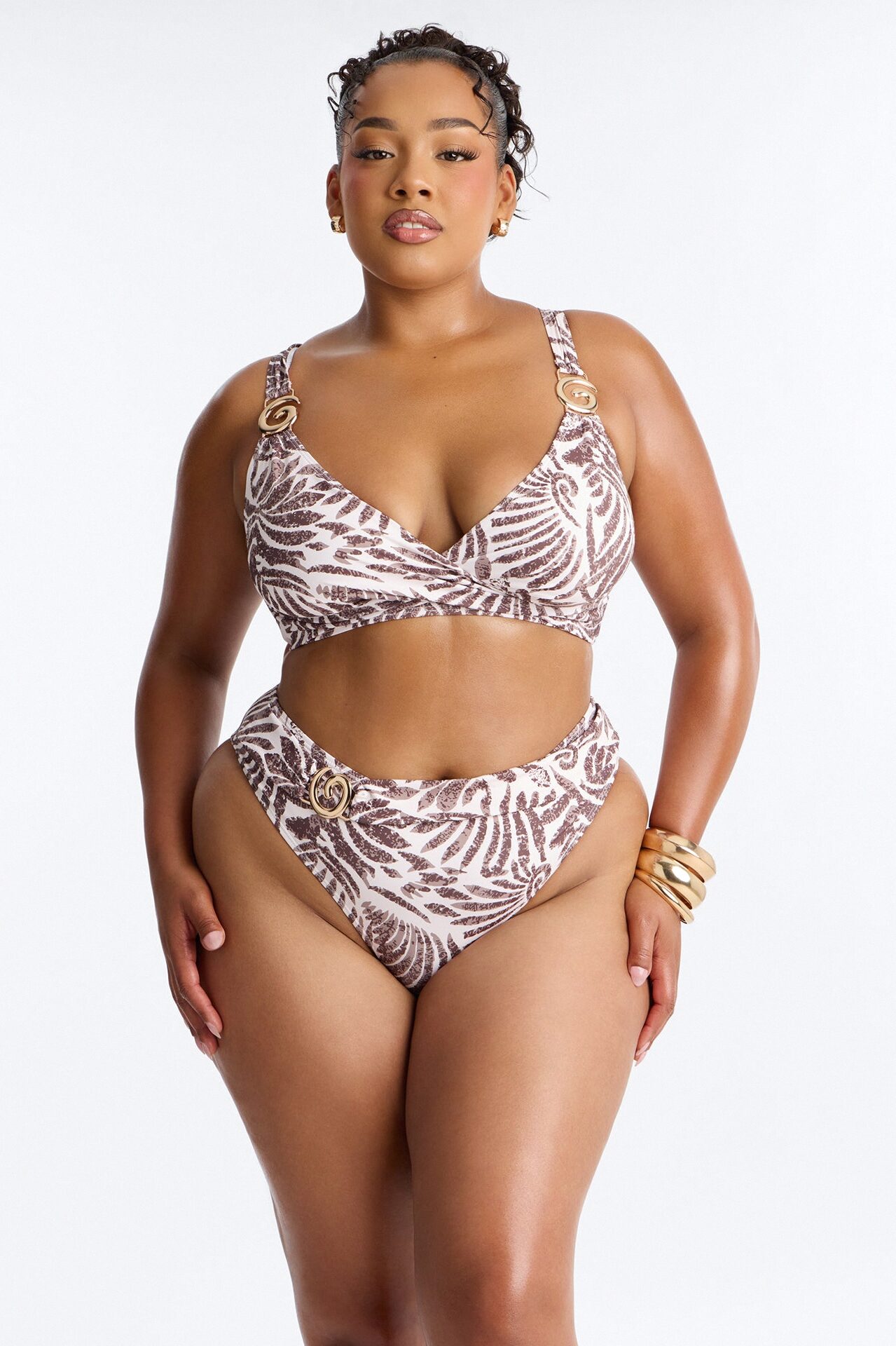 Outside Summer 2 Piece Abstract Bralette Bikini Set - Brown/combo