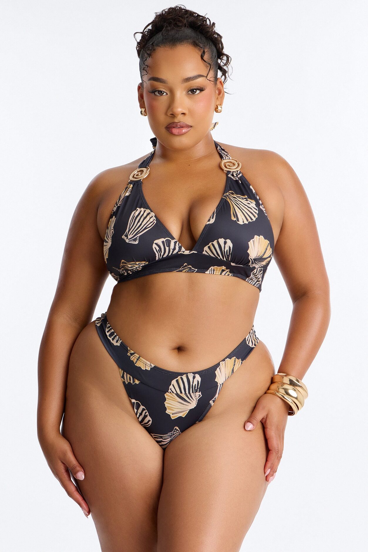 Book That Flight 2 Piece Shell Print Bralette Bikini Set - Black