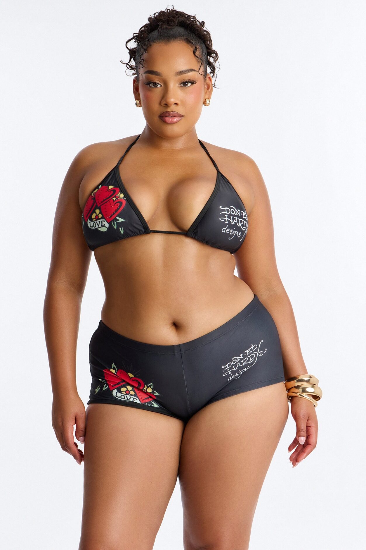 Ed Hardy Hearts Rhinestones Boyshort 2 Piece Bikini - Black/combo