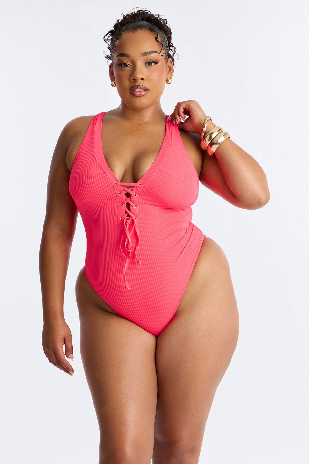 Clear Water Textured Lace Up V-Neck 1 Piece Swimsuit - Red