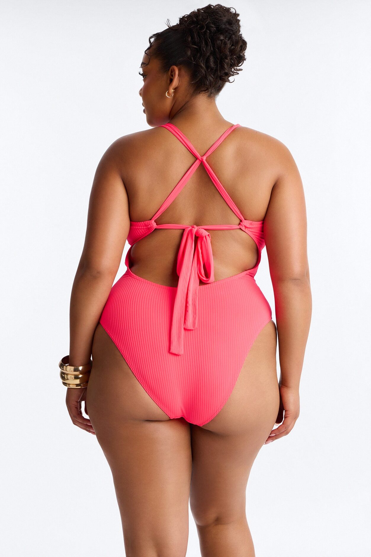 Clear Water Textured Lace Up V-Neck 1 Piece Swimsuit - Red