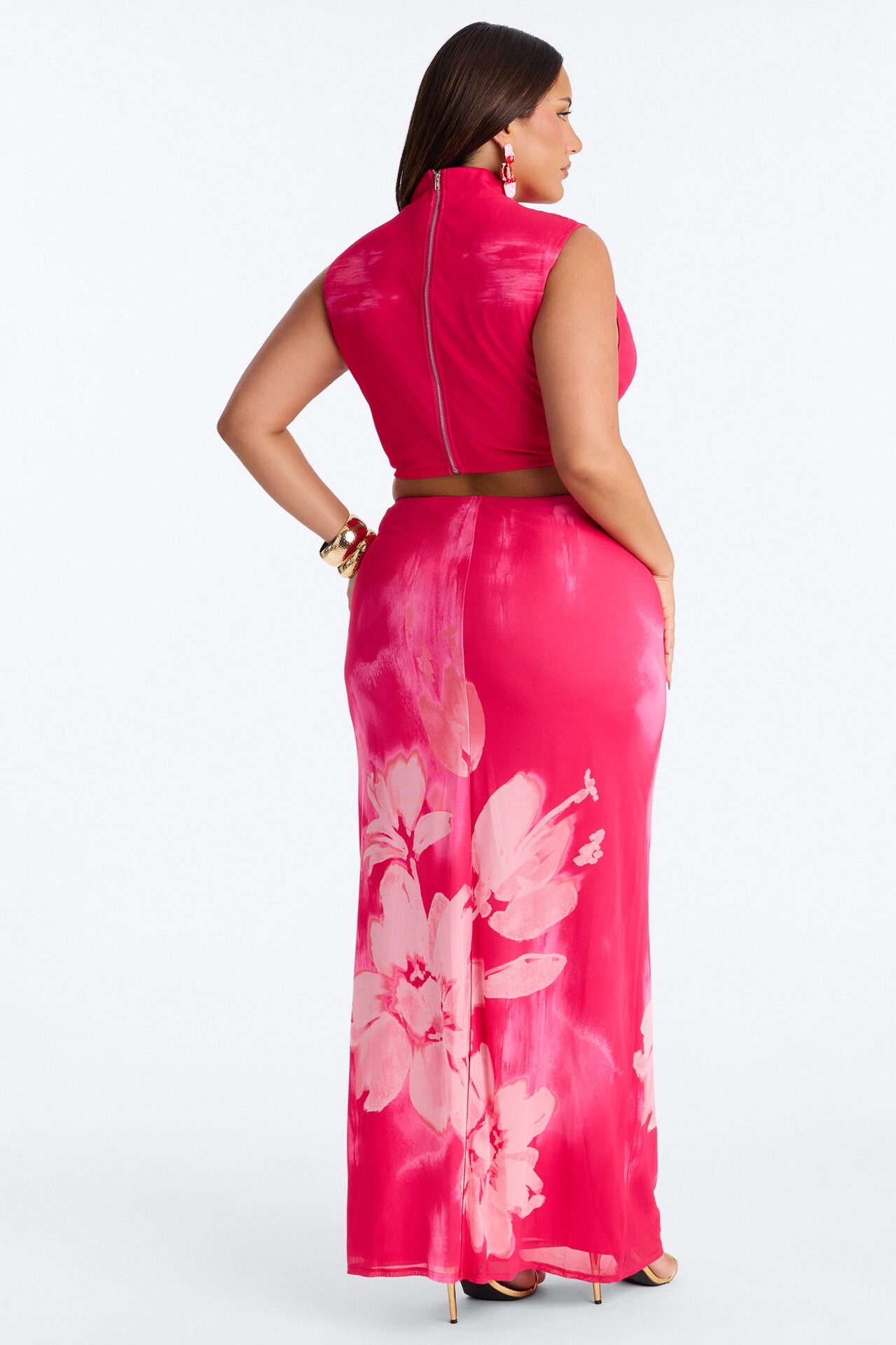 Bloom For You Mesh Skirt Set - Hot Pink