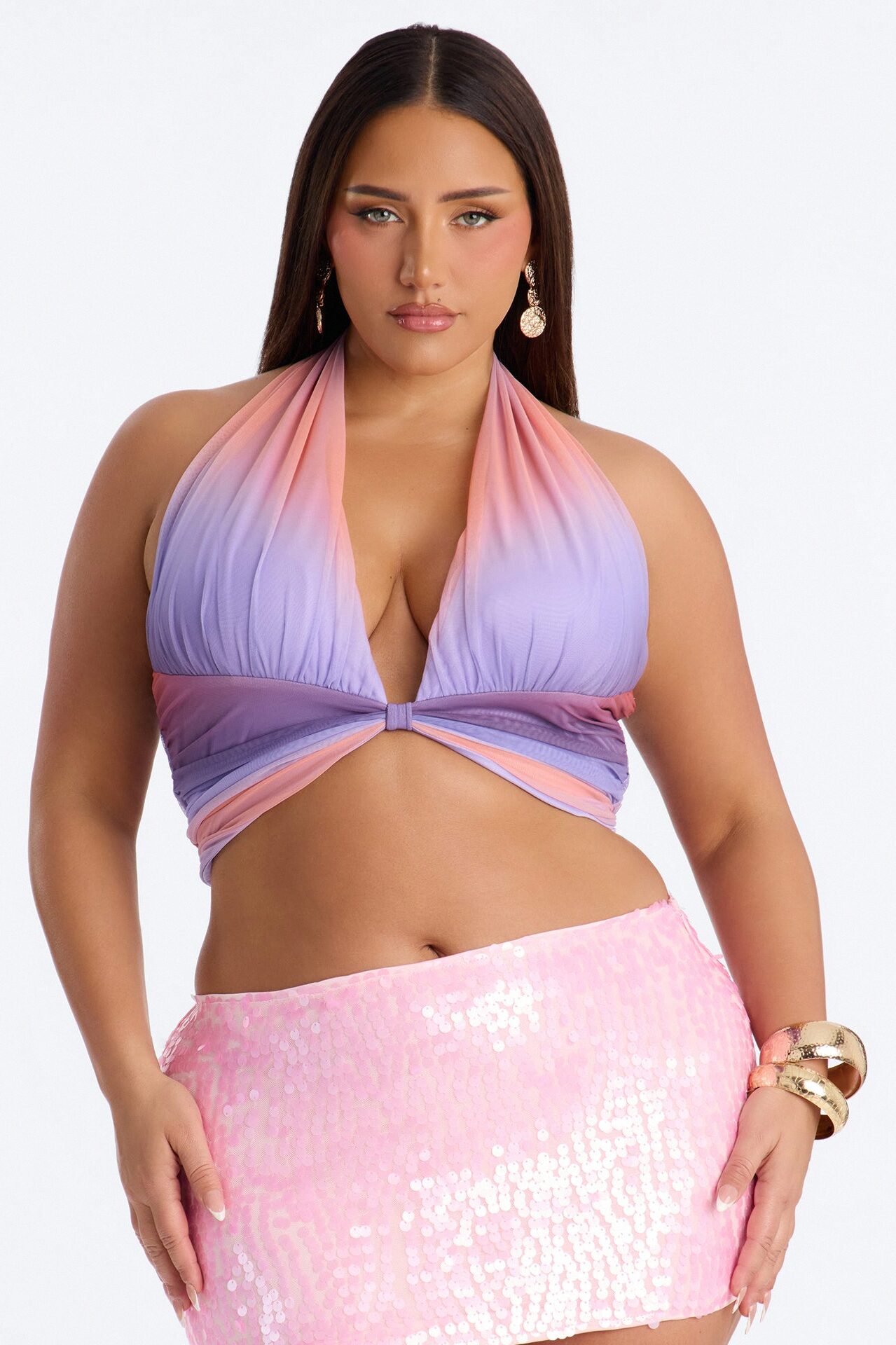 Sunsets Ombre Mesh Deep V Neck Halter Top - Lavender/combo
