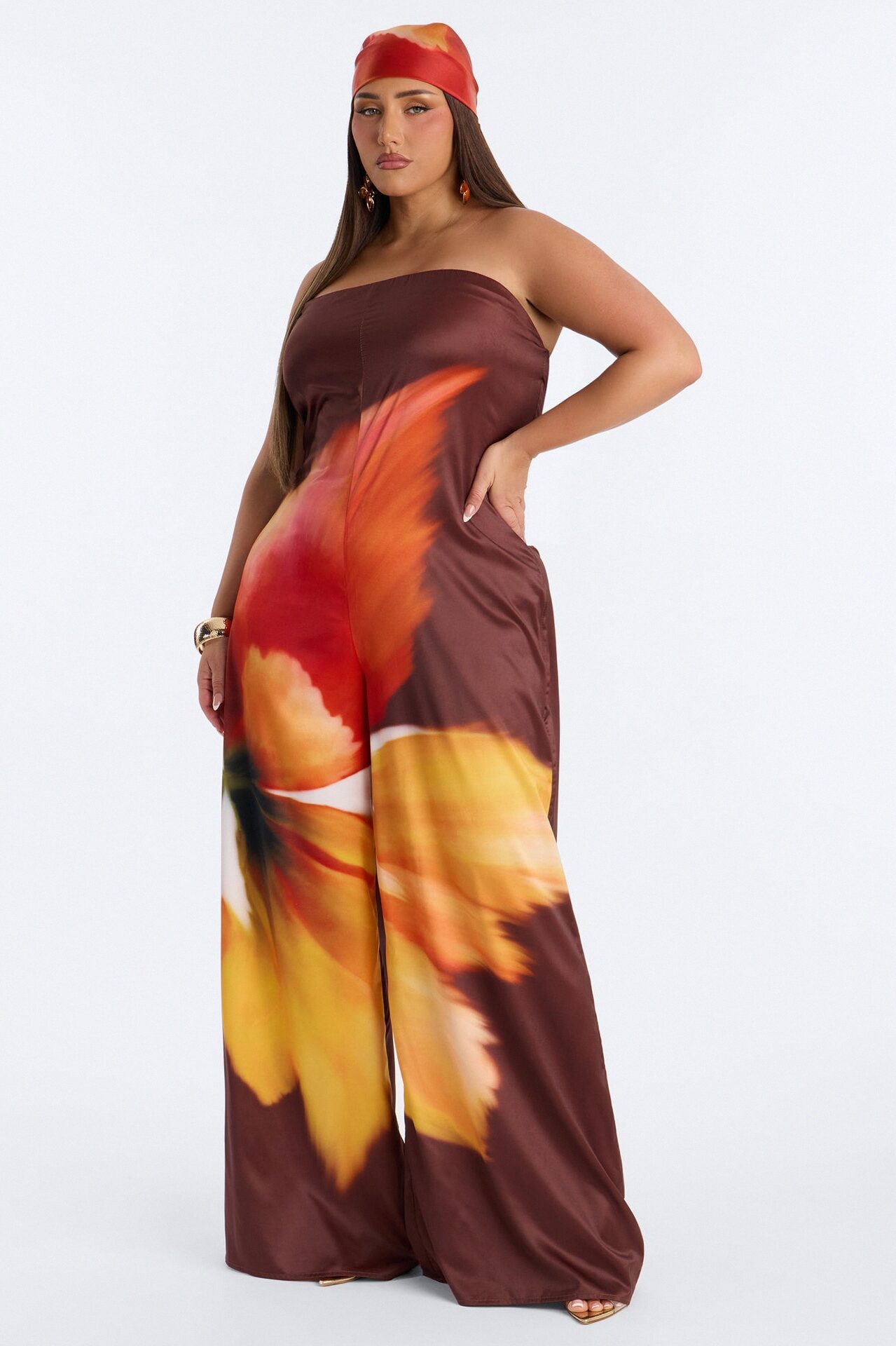 Sara Satin Head Scarf And Jumpsuit - Chocolate