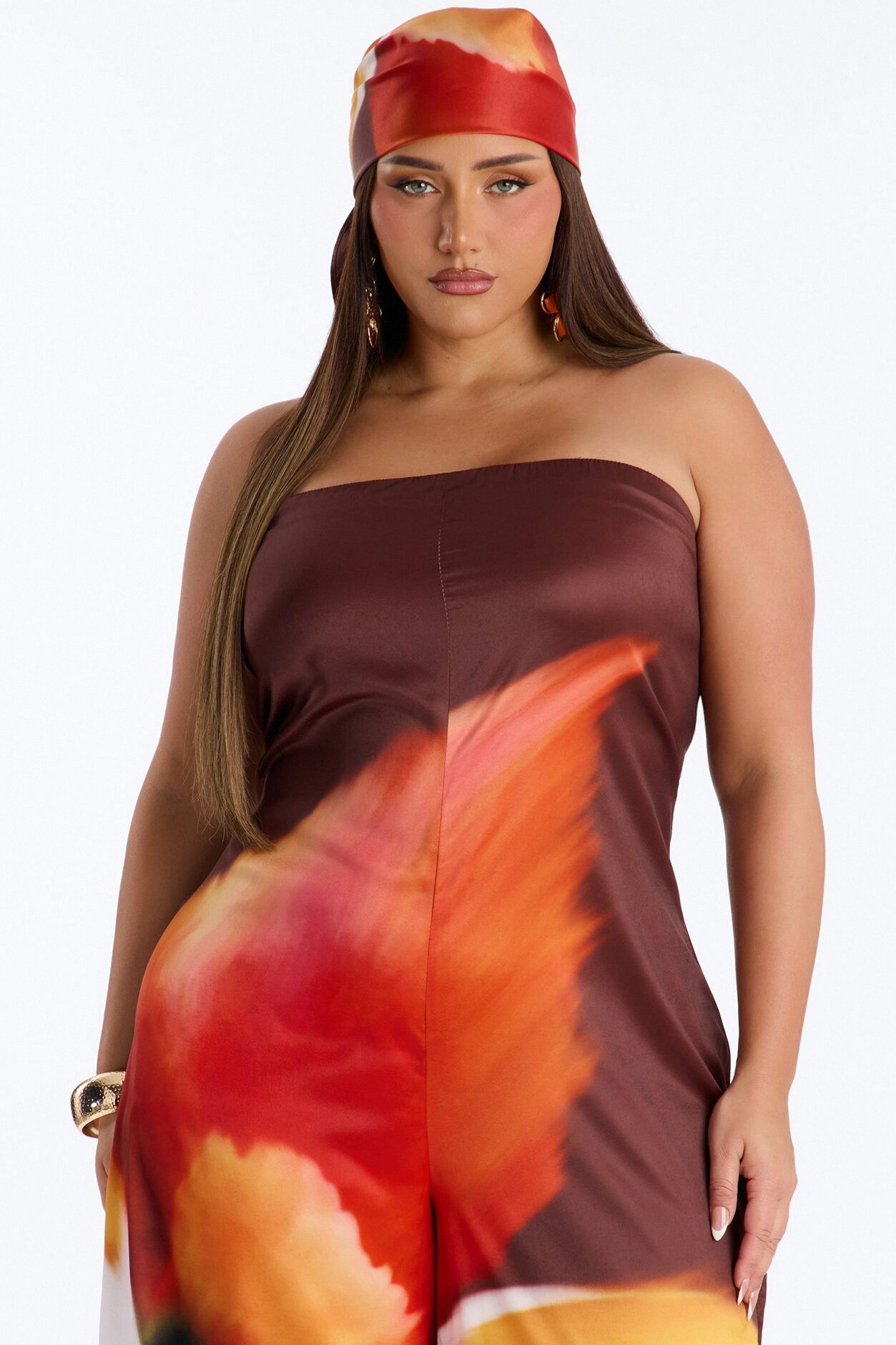 Sara Satin Head Scarf And Jumpsuit - Chocolate
