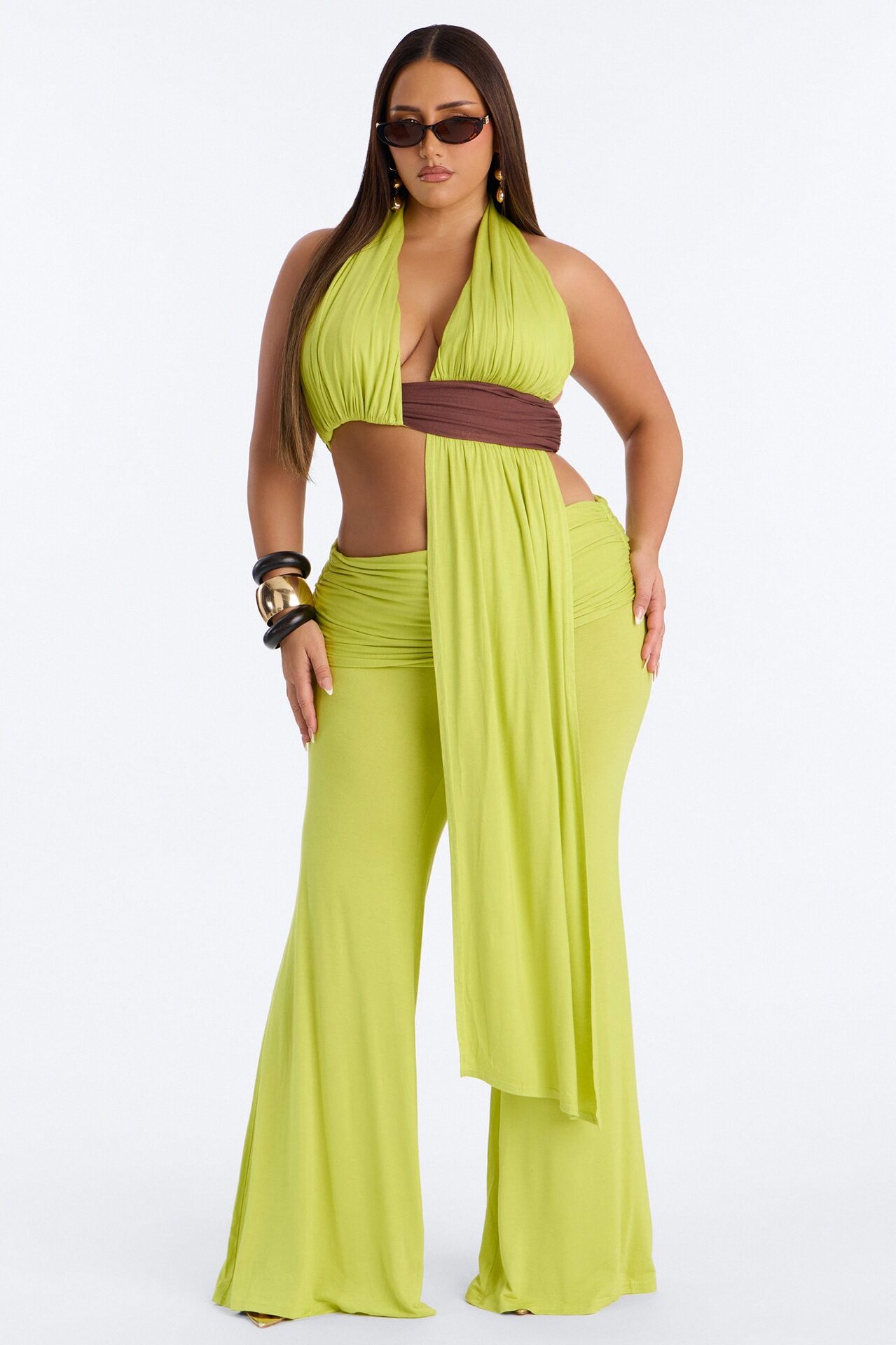 Avery Ruched Waist Pant Set - Chartreuse
