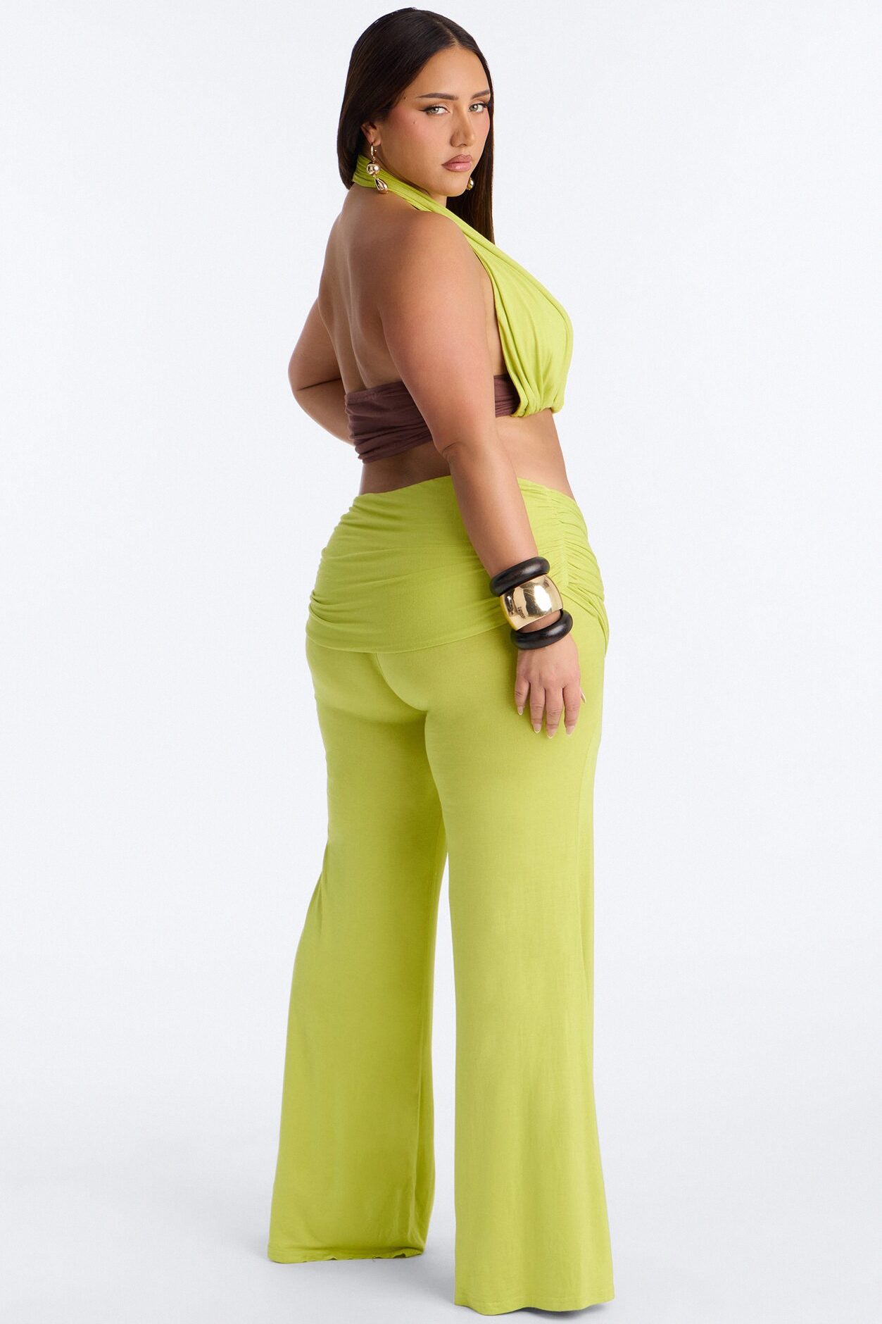 Avery Ruched Waist Pant Set - Chartreuse