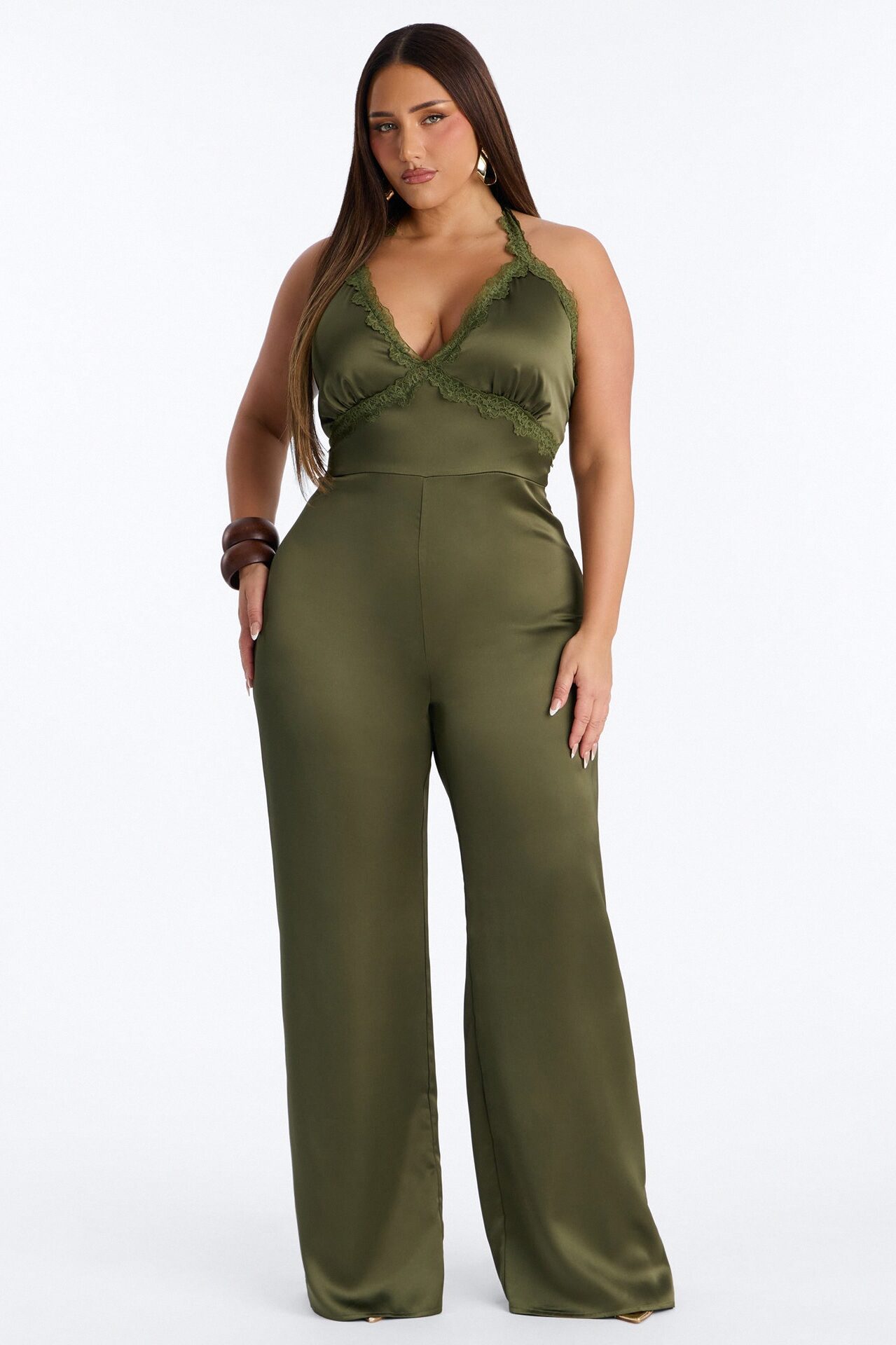 Lina Satin Lace Trim Jumpsuit - Olive