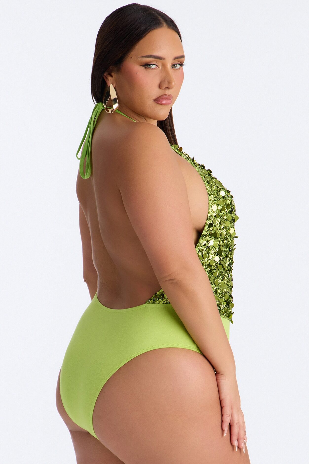 Radiant Nights Sequin Halter Bodysuit - Chartreuse