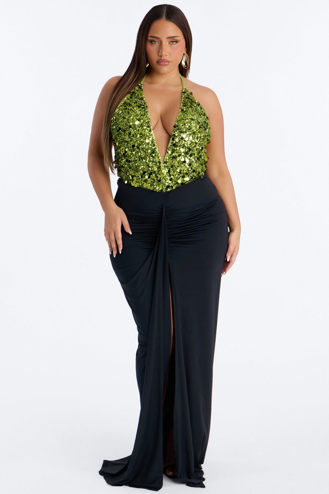 Radiant Nights Sequin Halter Bodysuit - Chartreuse