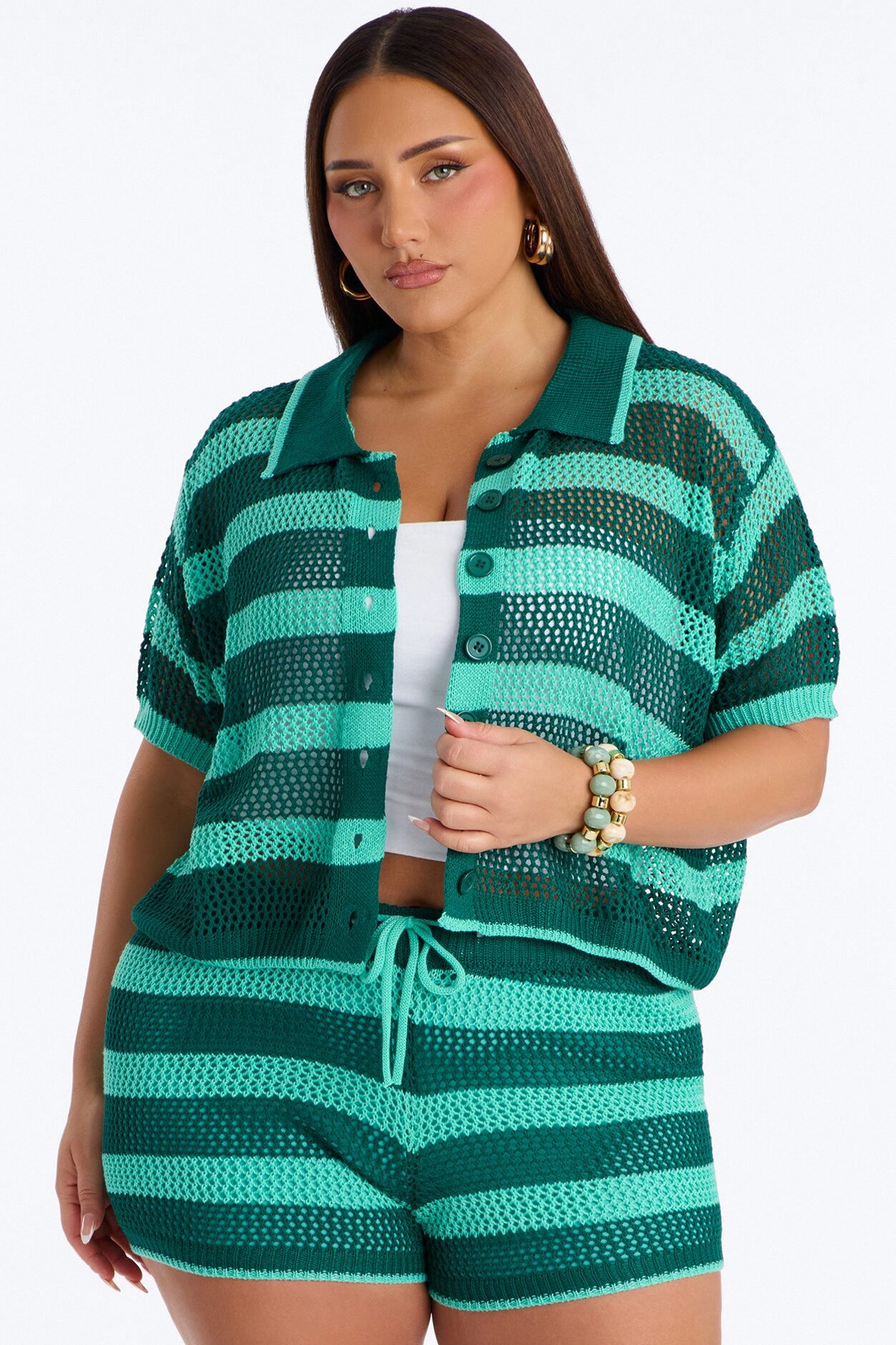 Resort Ready Striped Crochet Short Set - Hunter