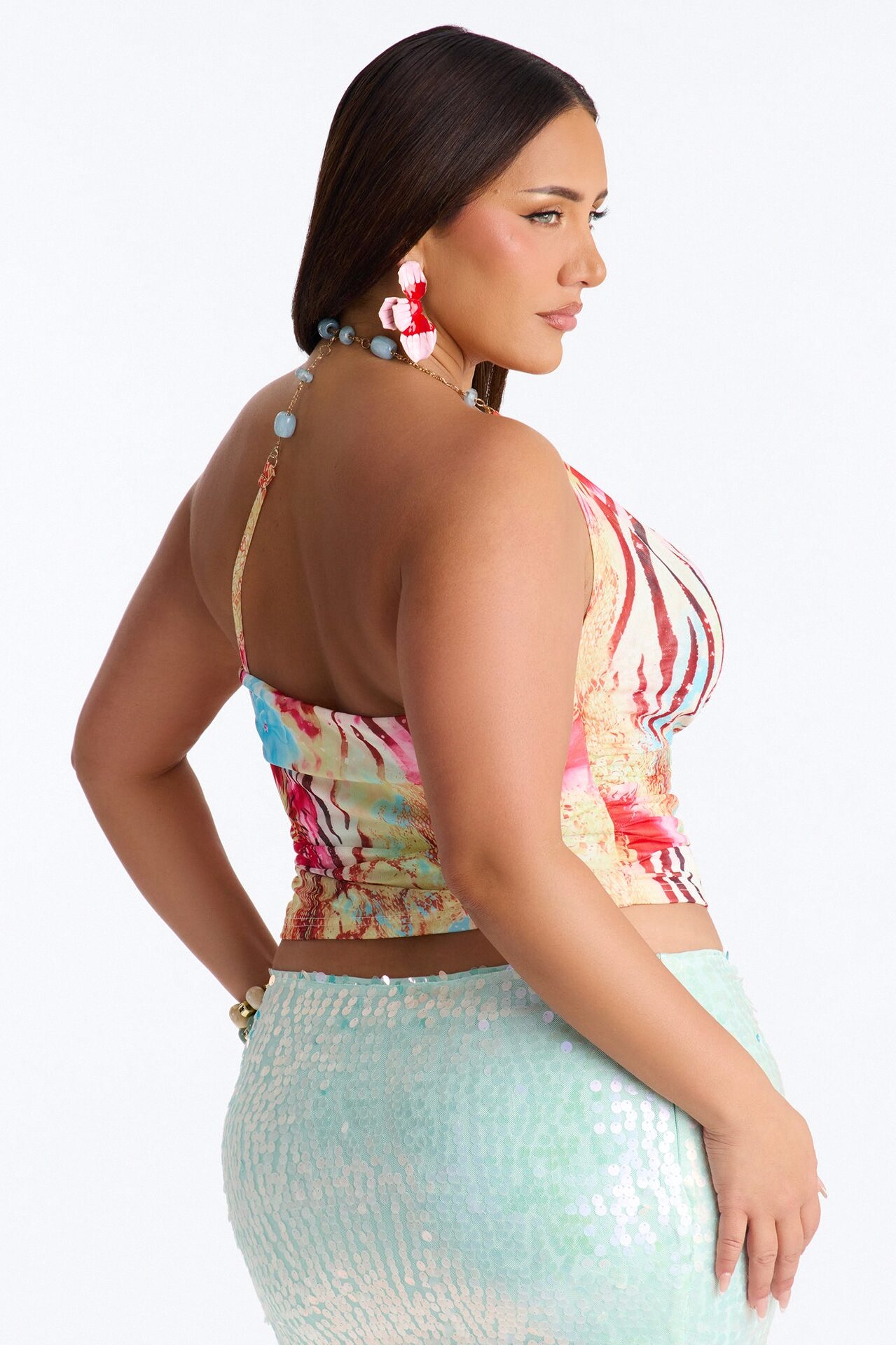 At The Playa Beaded One Shoulder Mesh Top - Multi Color