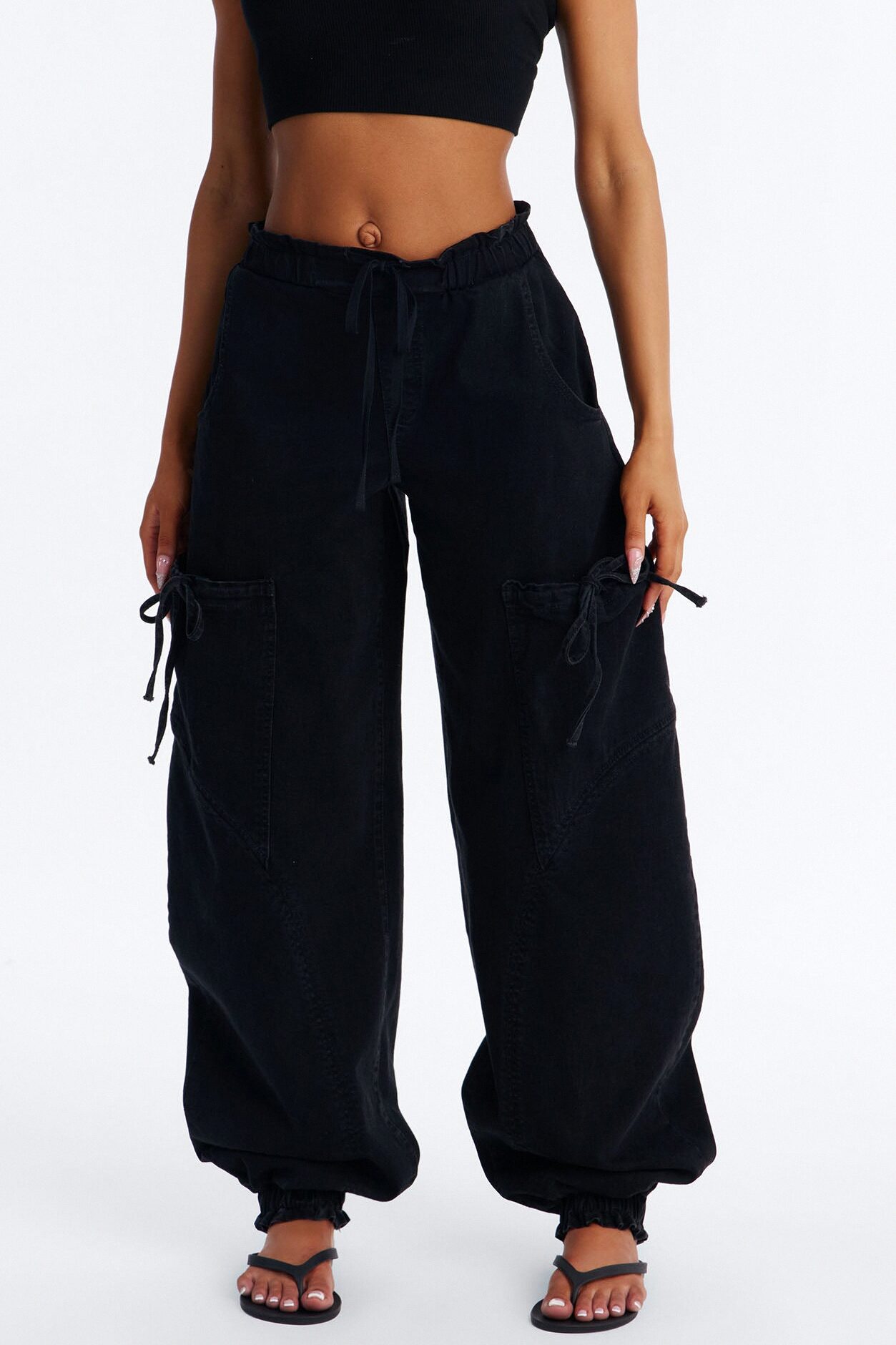Sunbound Tie Waist Stretch Denim Joggers - Black