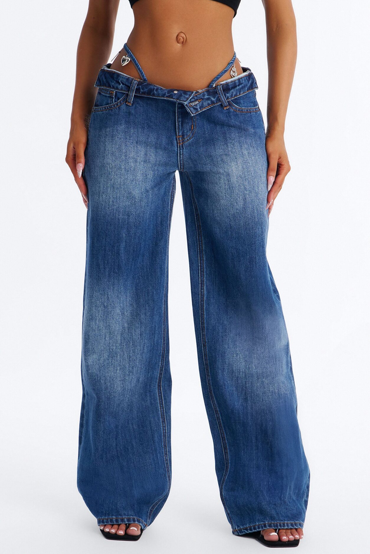 Dare Me Foldover Ultra Low Rise Thong Charm Jeans - Dark Wash