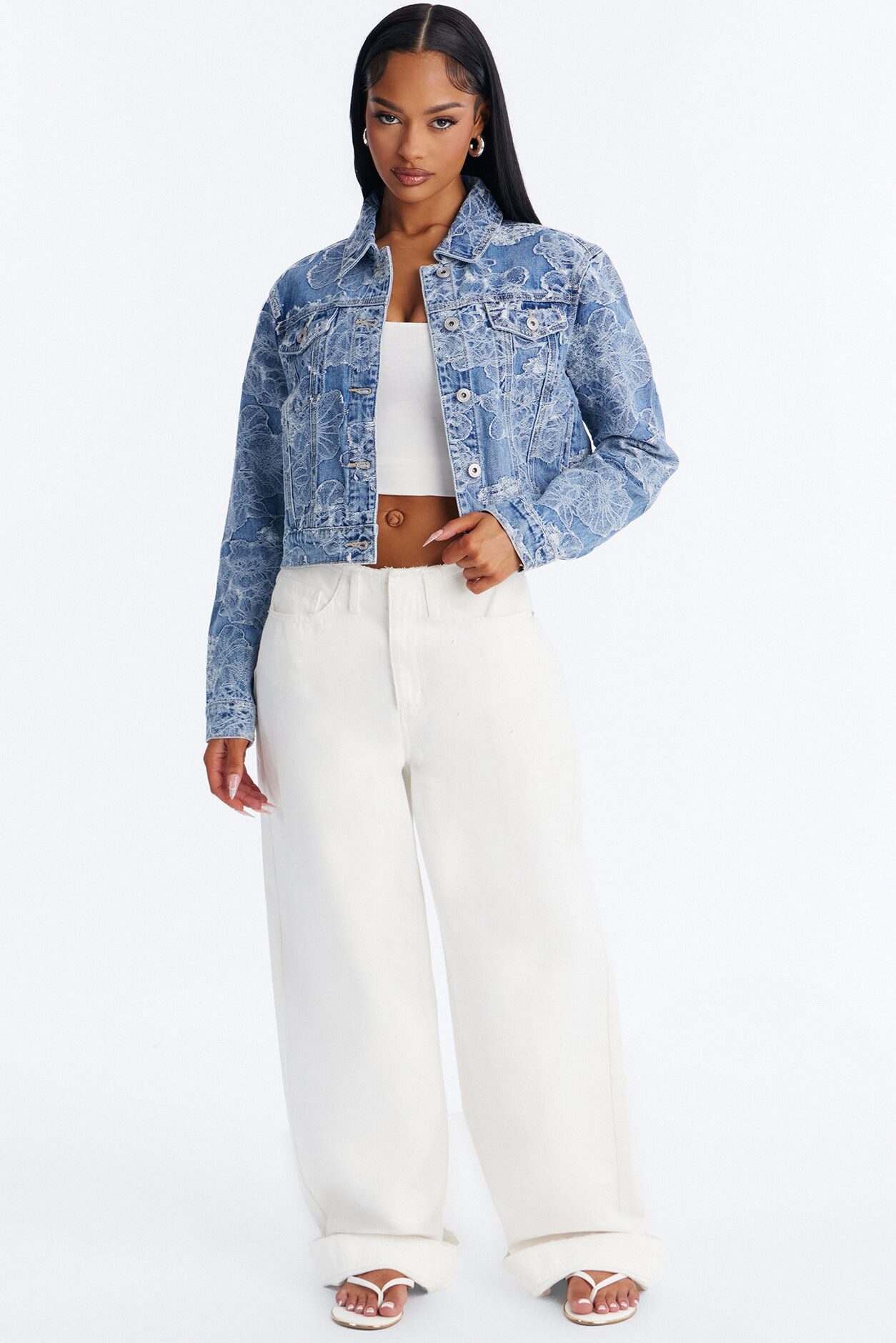 Spring Fling Jacquard Denim Trucker Jacket - Light Wash
