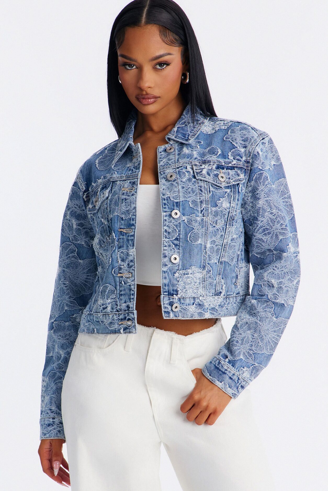 Spring Fling Jacquard Denim Trucker Jacket - Light Wash