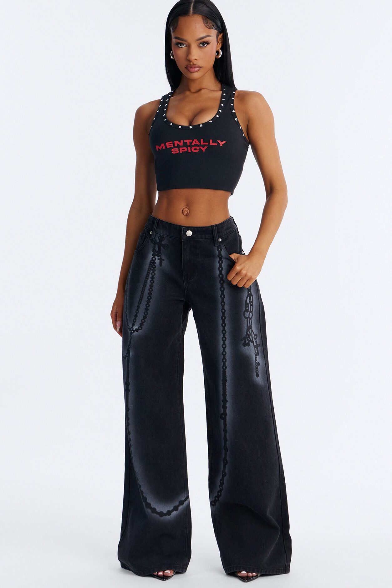 Crossed My Mind Printed Wide Leg Jeans - Black Wash