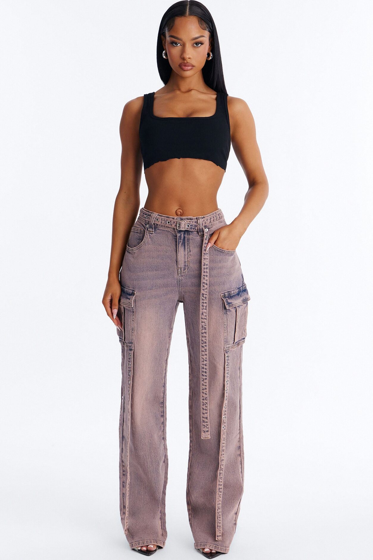 Out Of It Belted Cargo Straight Leg Jeans - Pink