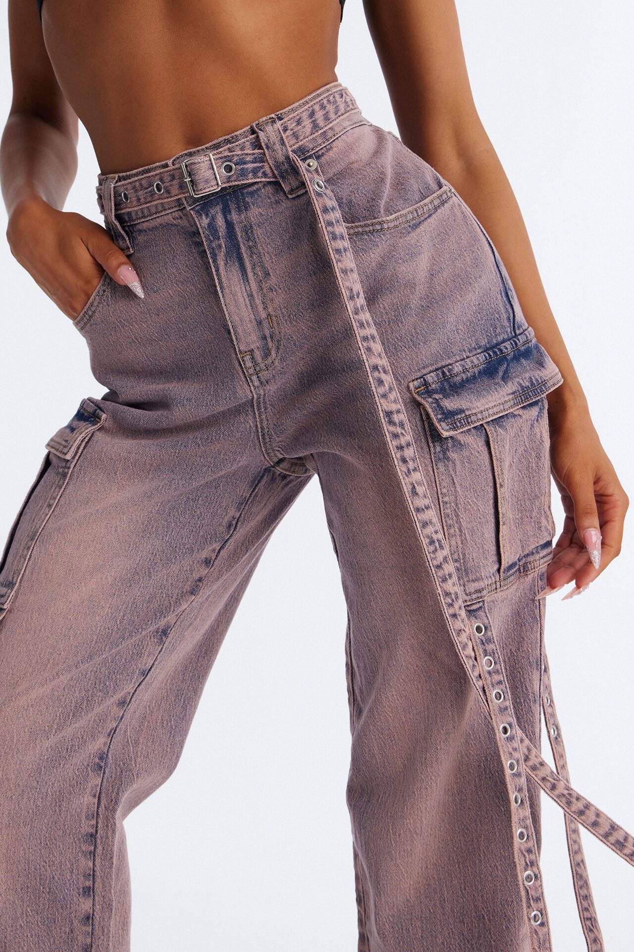 Out Of It Belted Cargo Straight Leg Jeans - Pink