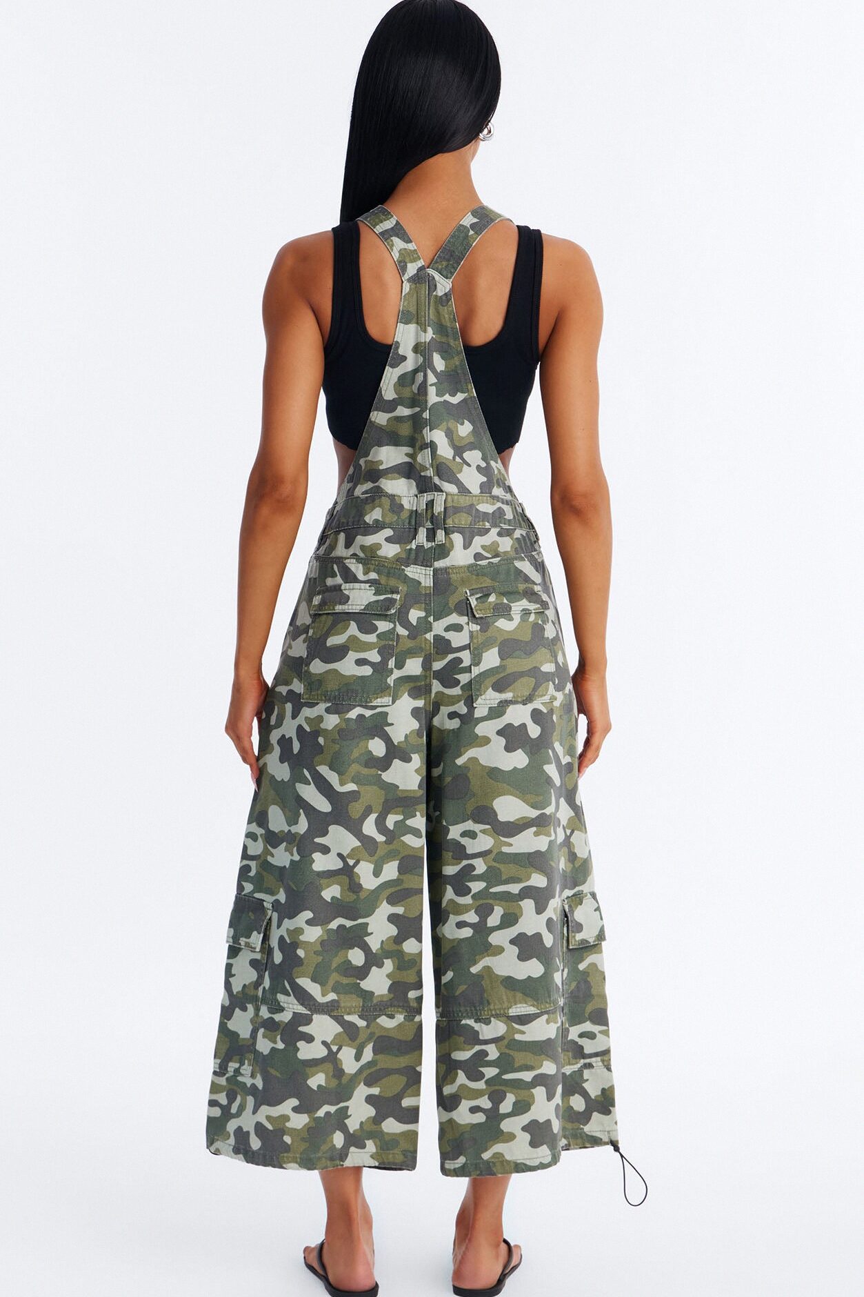 In Command Cargo Cropped Drapey Denim Overalls - Camouflage