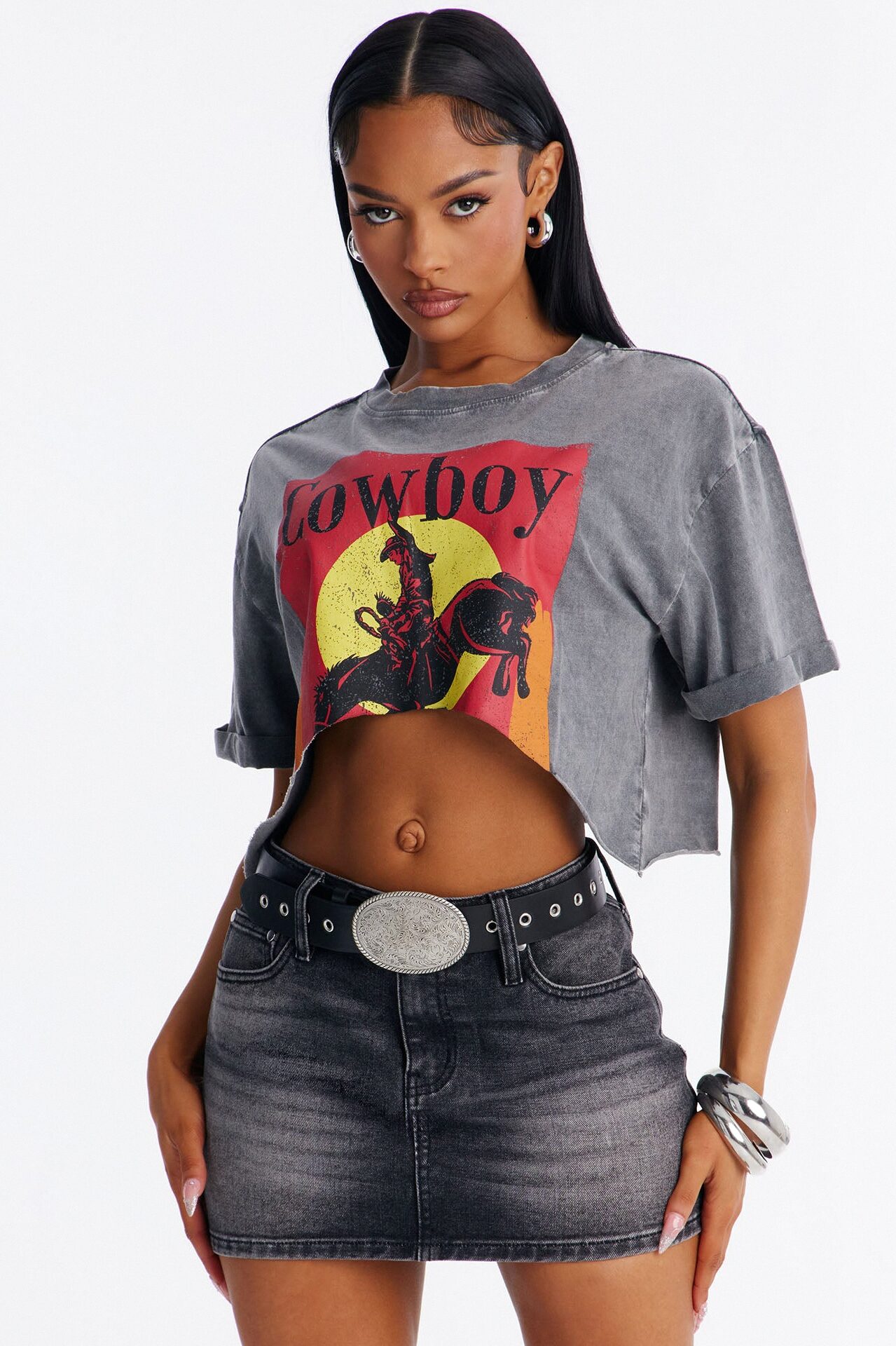 Cowboy Things Washed Cropped Tee - Black Wash