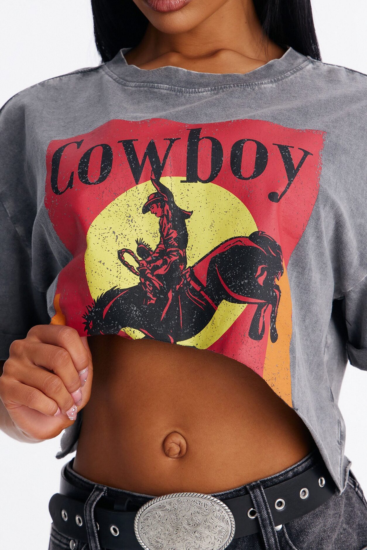 Cowboy Things Washed Cropped Tee - Black Wash
