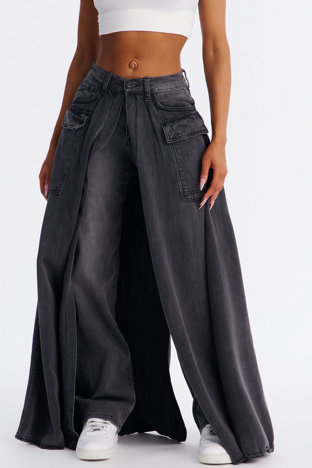 Lost It Cargo Overlay Straight Leg Jeans - Black Wash