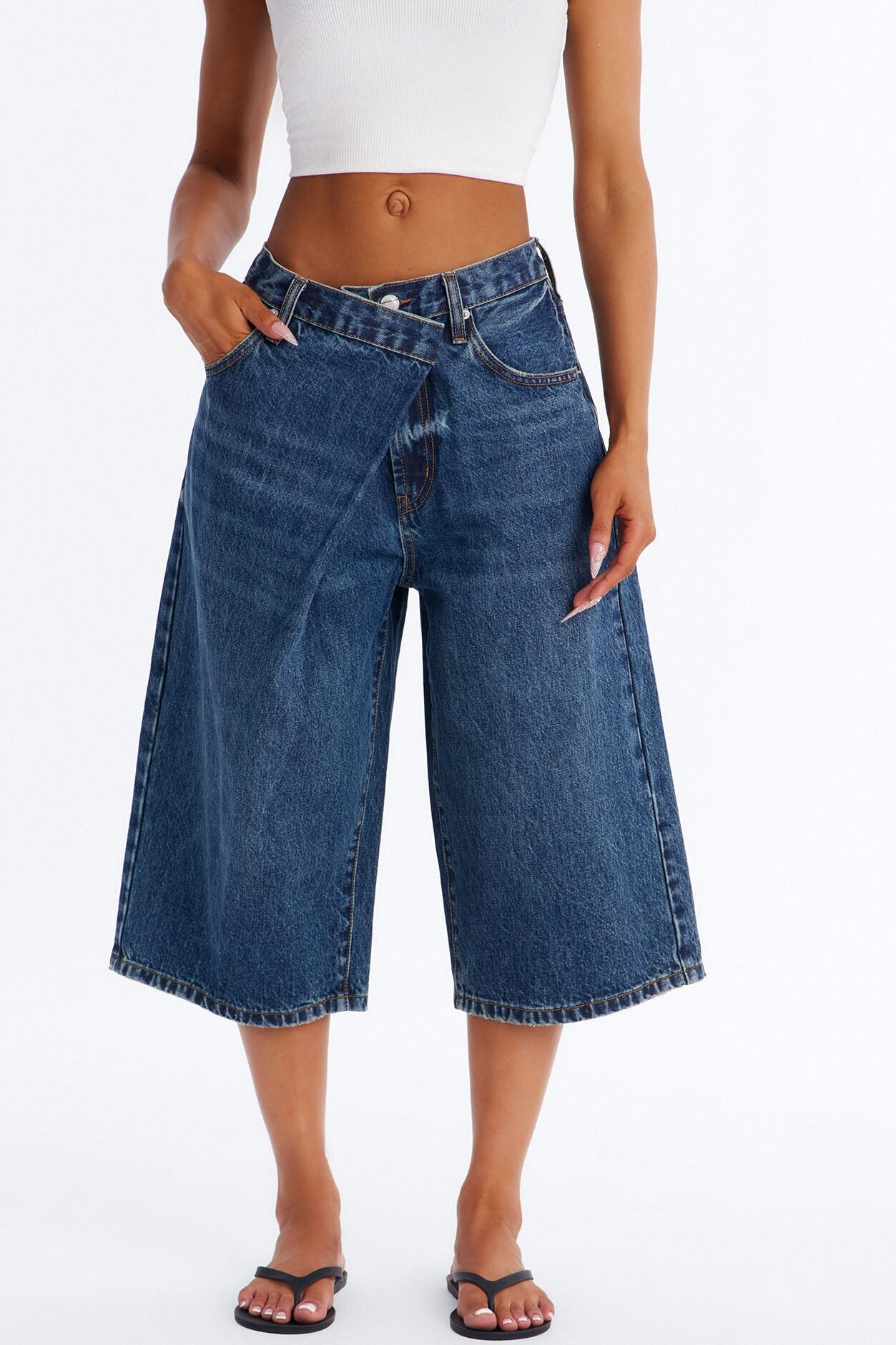 Offset Crossover Denim Culotte Jeans - Dark Wash