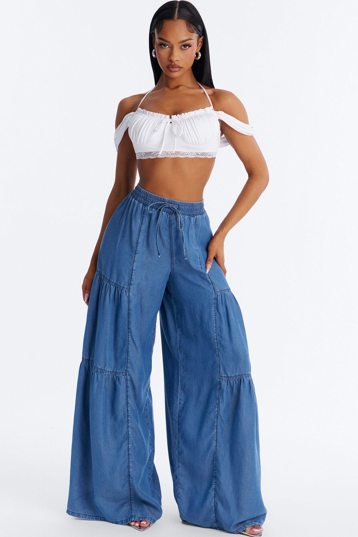Best View Chambray Tiered Wide Leg Pant 33″ - Medium Wash