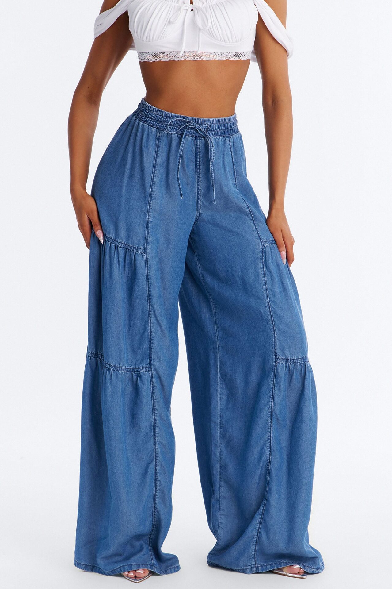 Best View Chambray Tiered Wide Leg Pant 33″ - Medium Wash