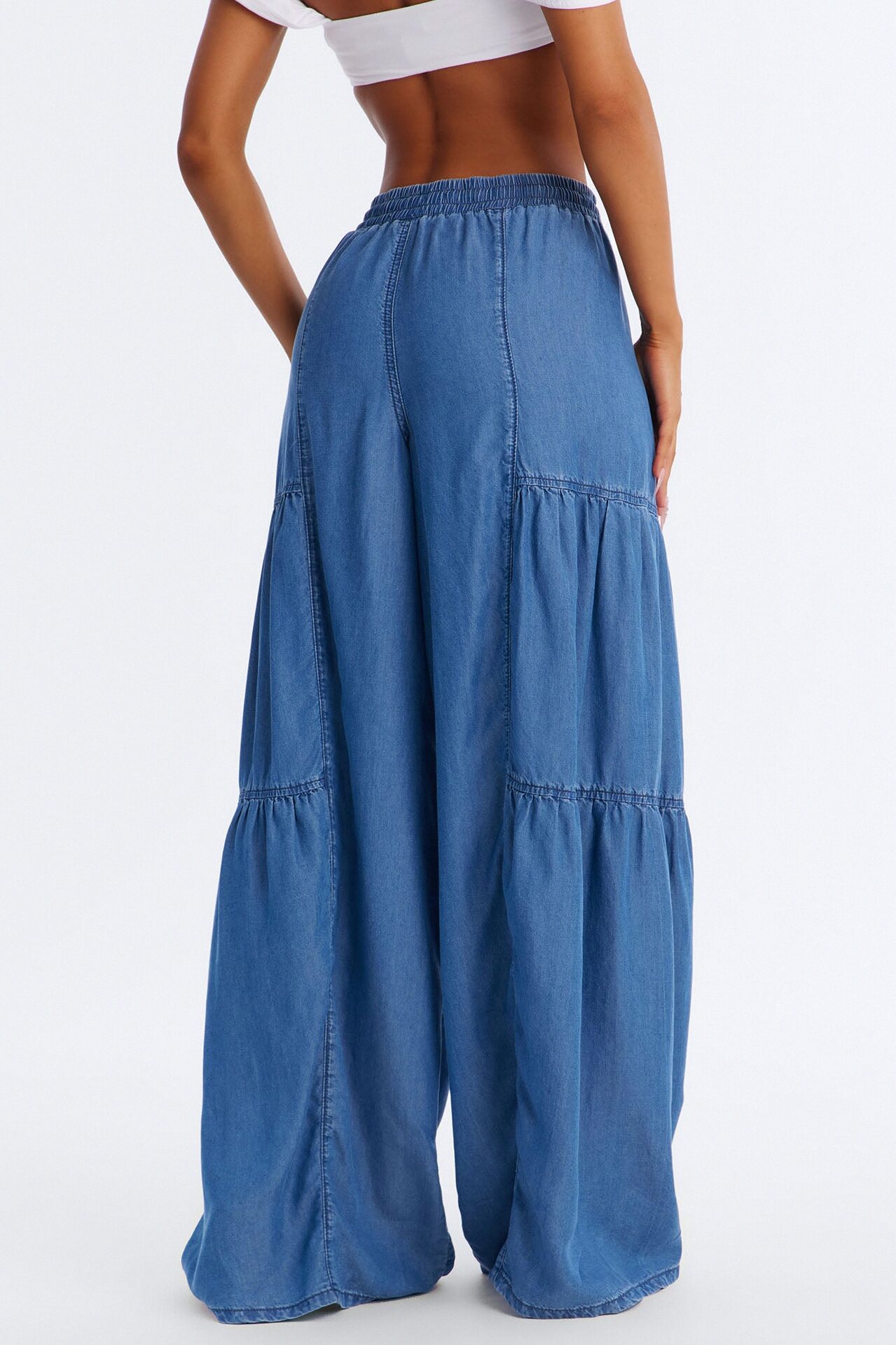Best View Chambray Tiered Wide Leg Pant 33″ - Medium Wash
