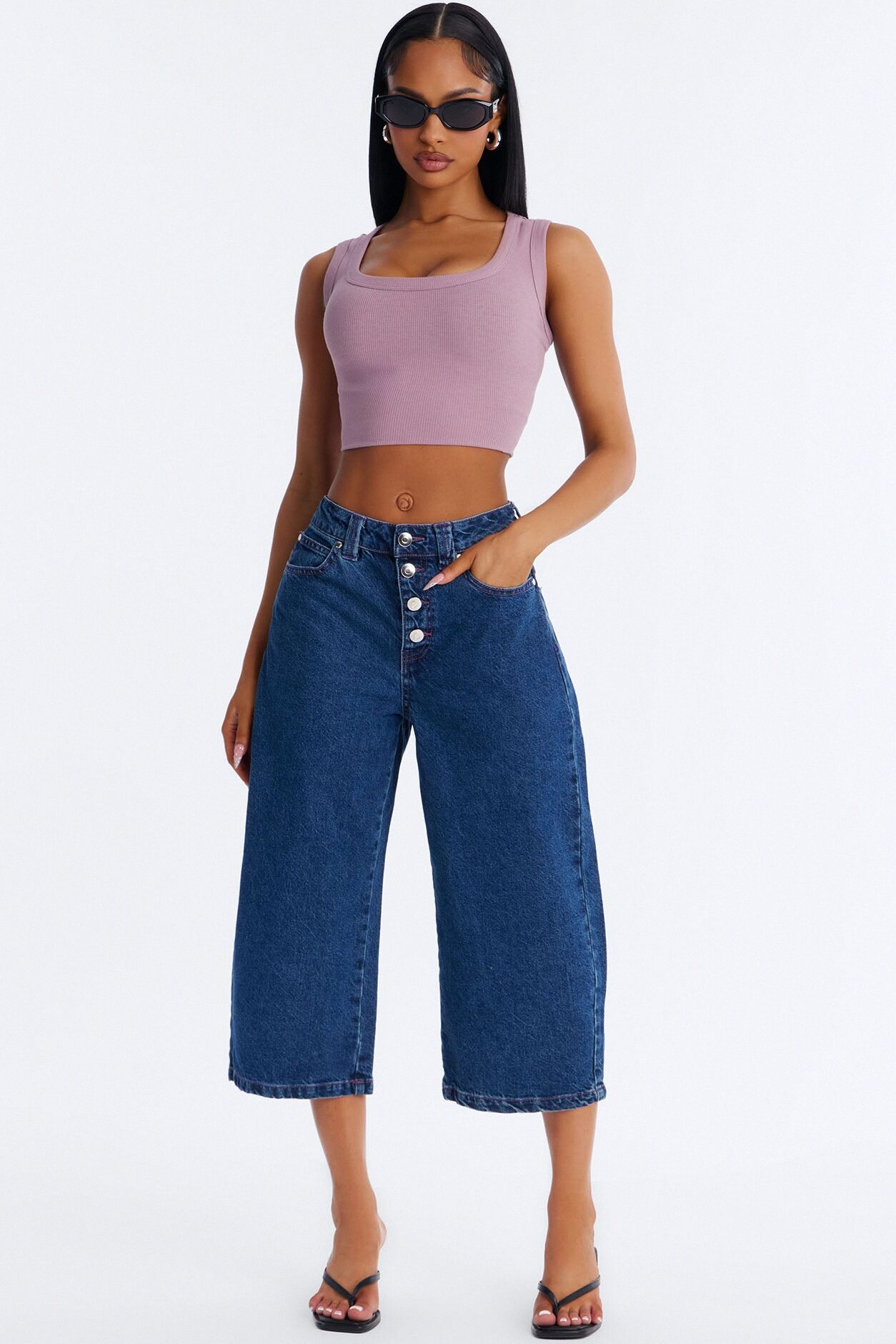 Persephone Button Fly Culotte Jeans - Rinse Blue Wash