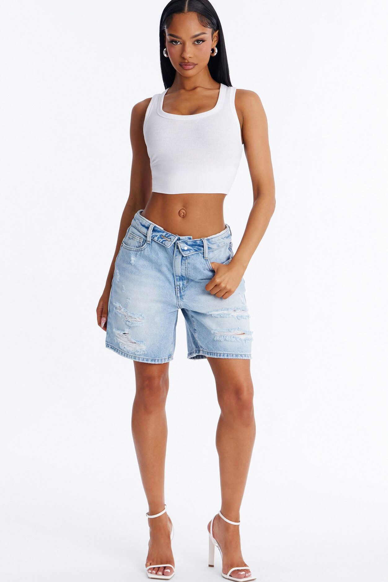 Just Liked It Foldover Ripped Denim Shorts - Light Wash