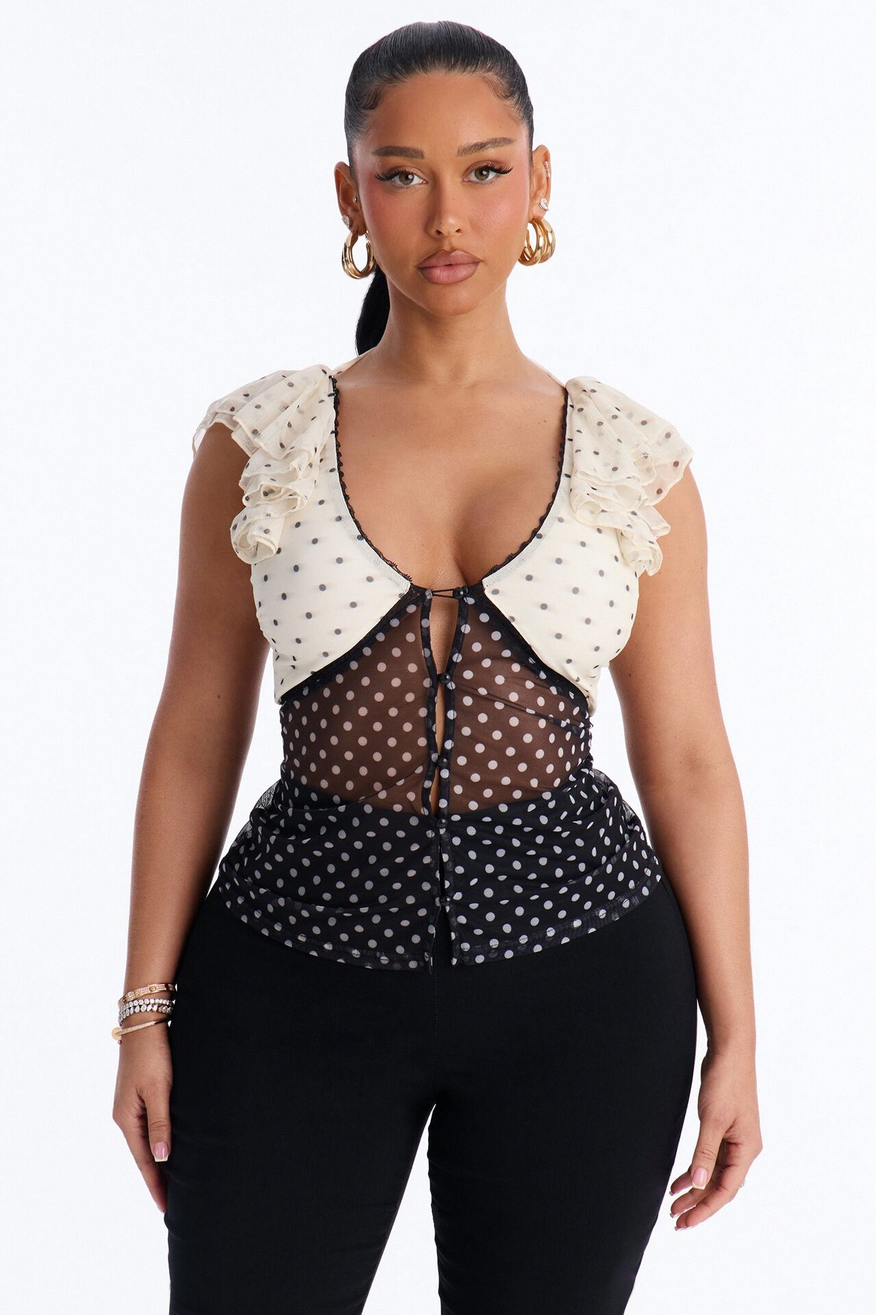 Laynee Polka Dot Ruffle Short Sleeve Top - Black/combo