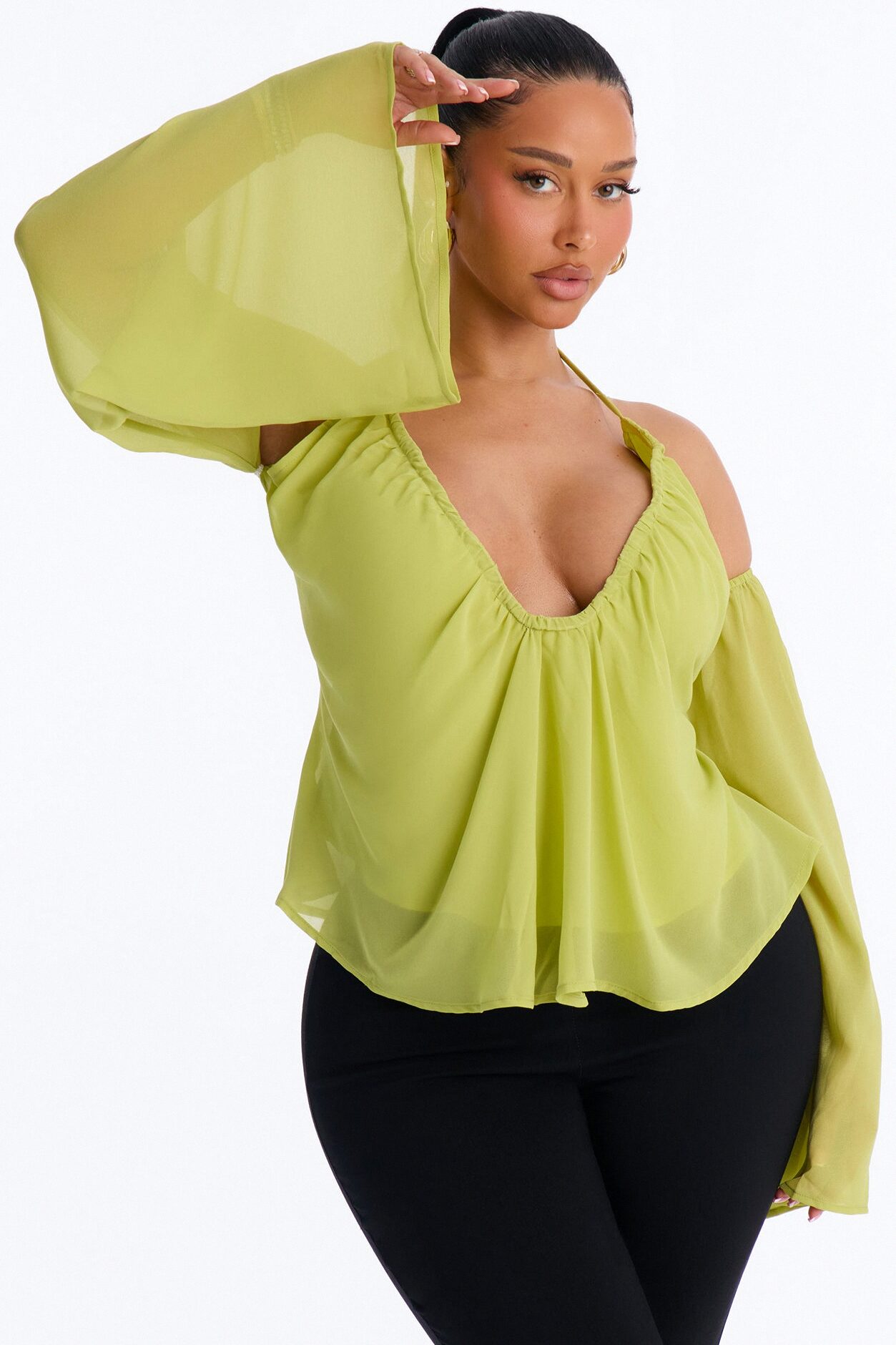 Maren Cold Shoulder Chiffon Blouse - Chartreuse